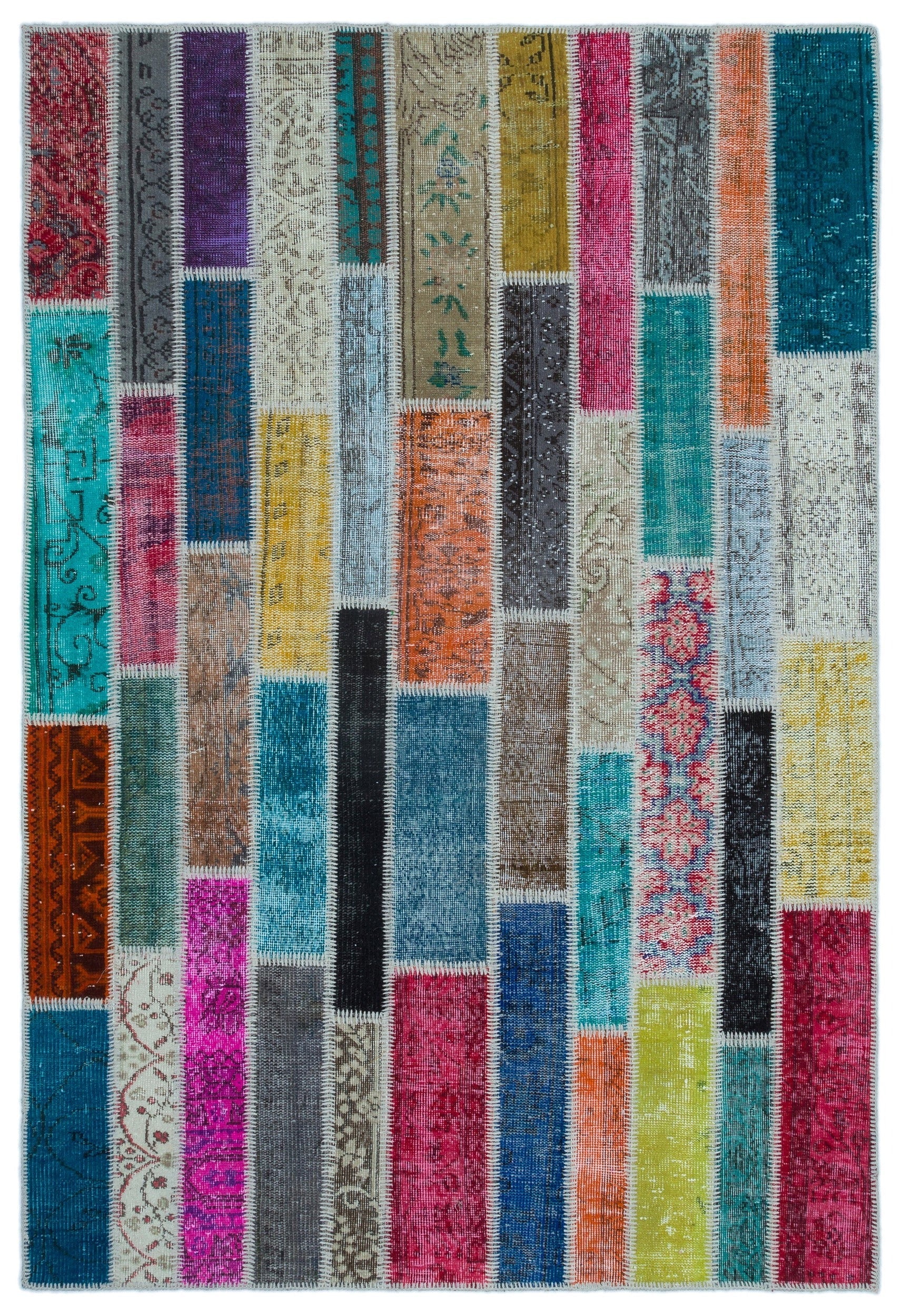 Iskece Beige Patchwork Wool Handmade Area Rug 5'2" x 7'7"