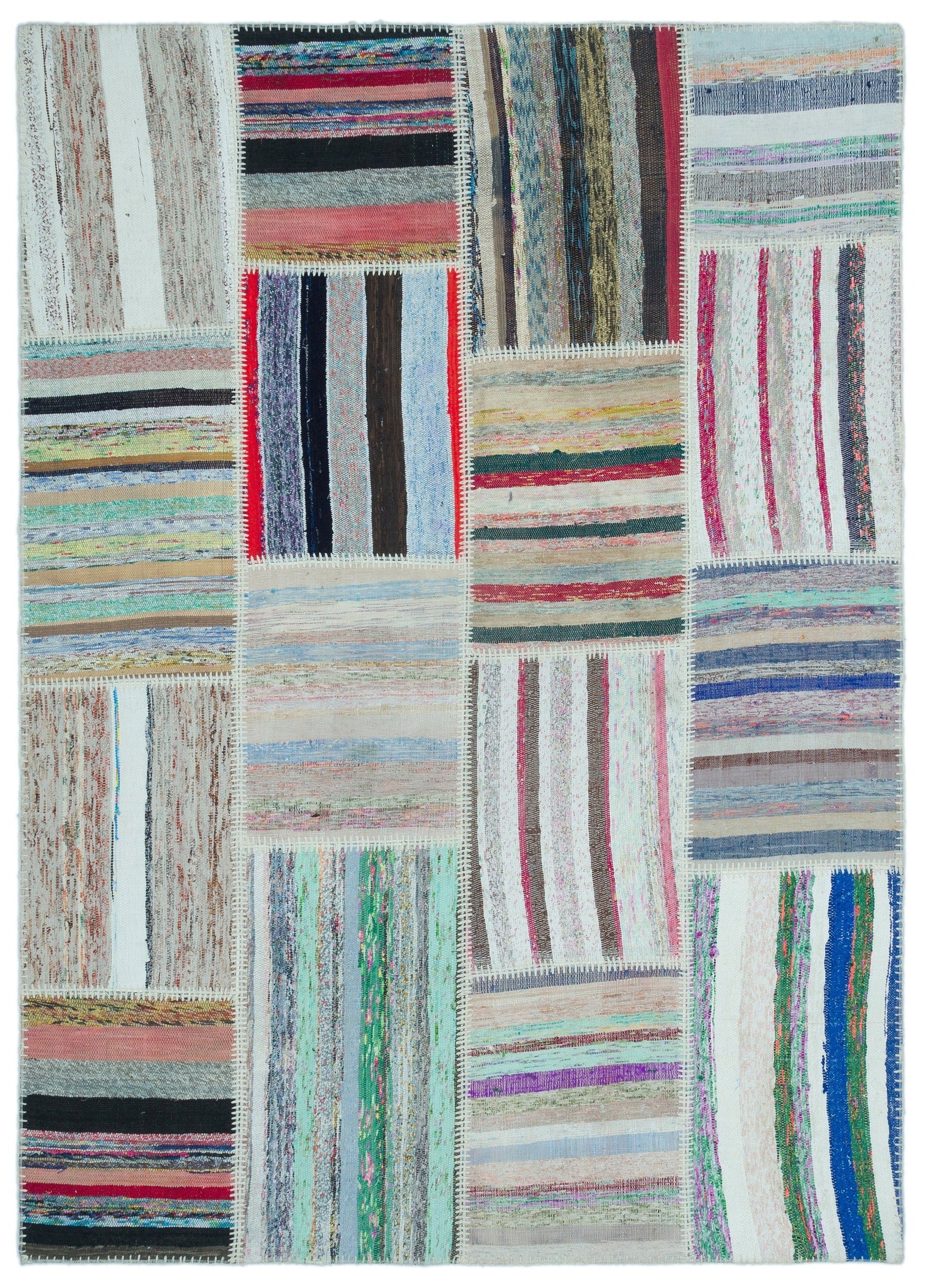 Teselya 25239 Beige Striped Wool Handmade Area Rug 5'3" x 7'3"