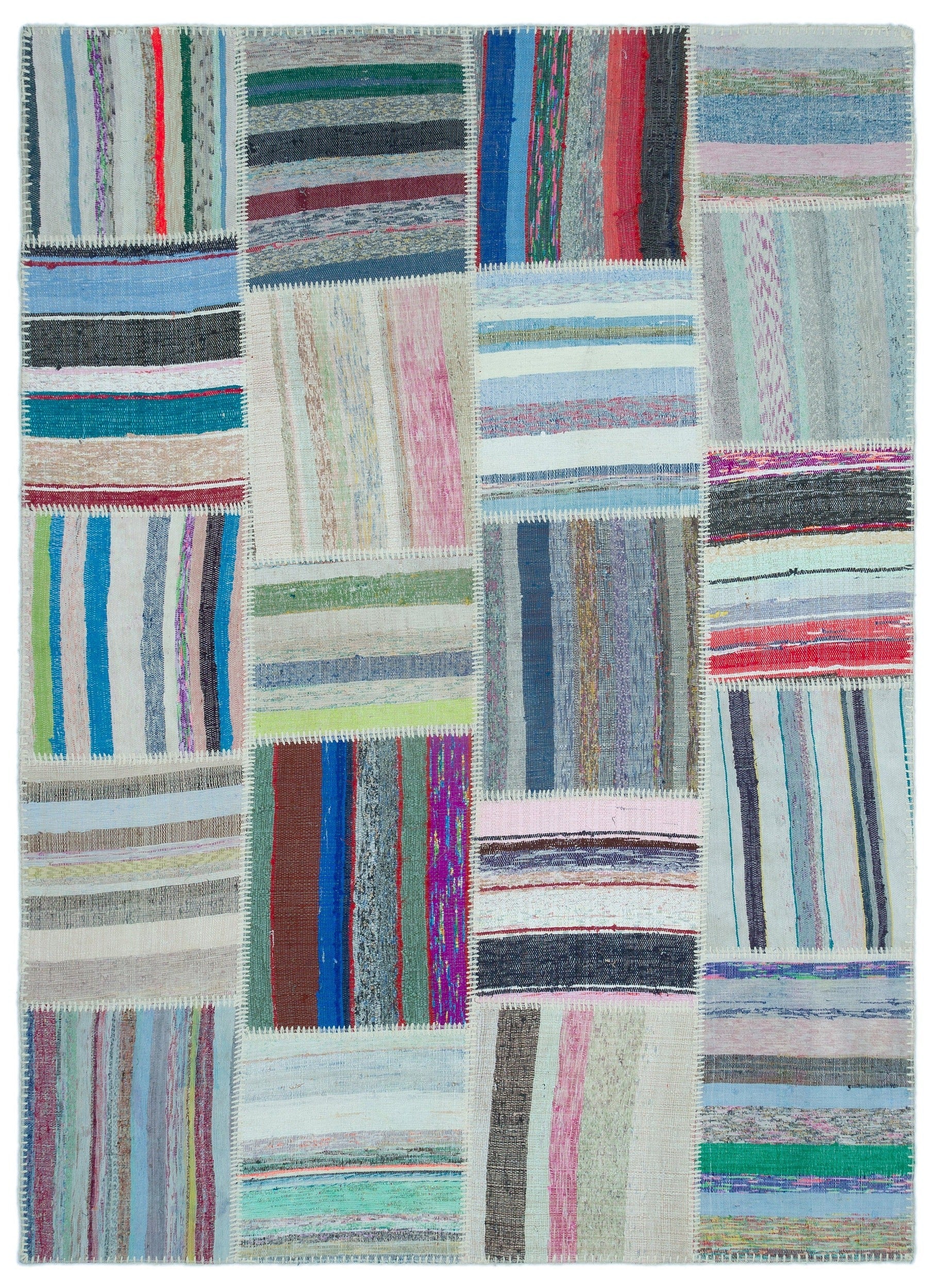 Teselya 25242 Beige Striped Wool Handmade Area Rug 5'3" x 7'3"