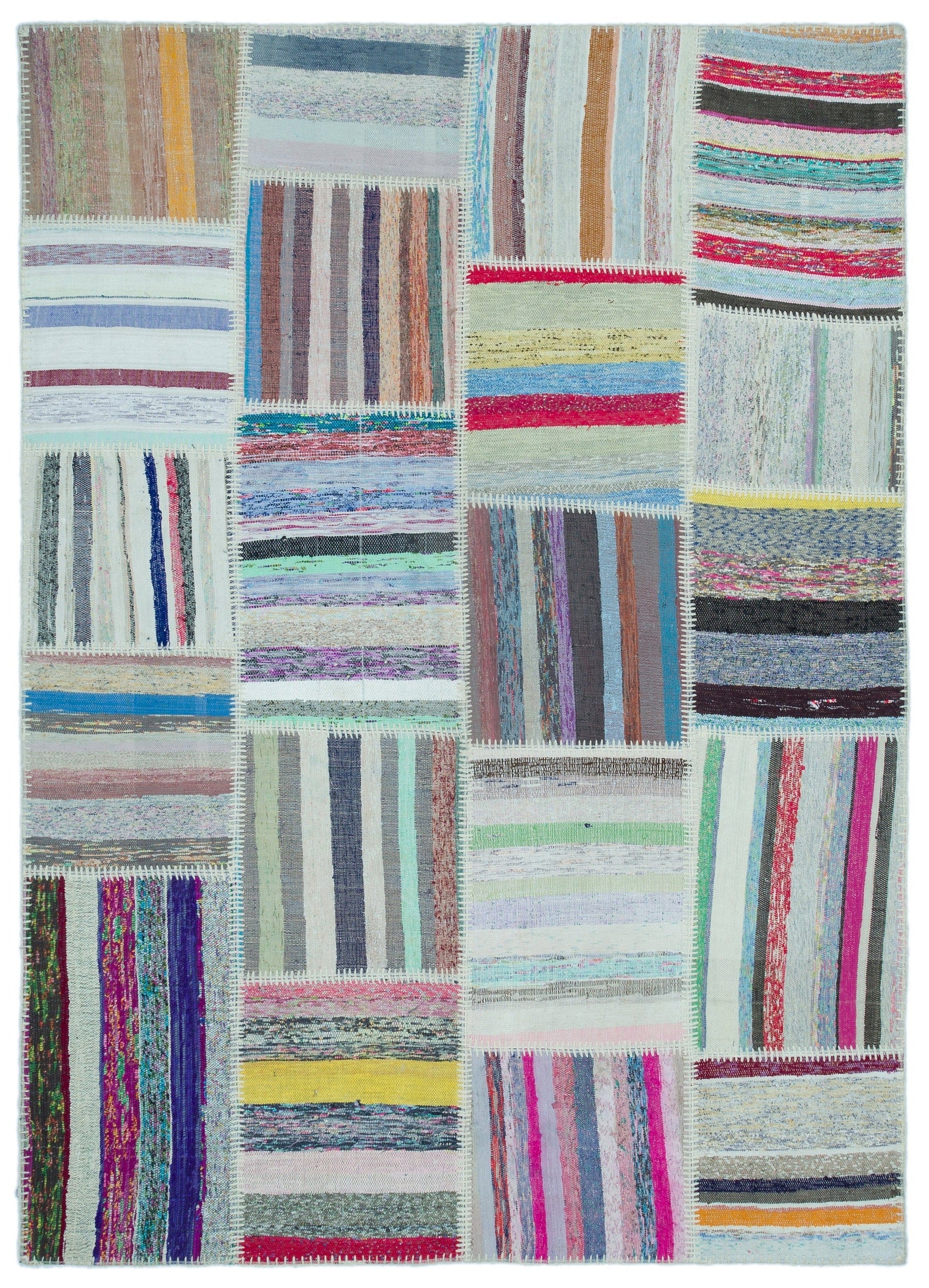 Teselya 25248 Beige Striped Wool Handmade Area Rug 5'2" x 7'3"