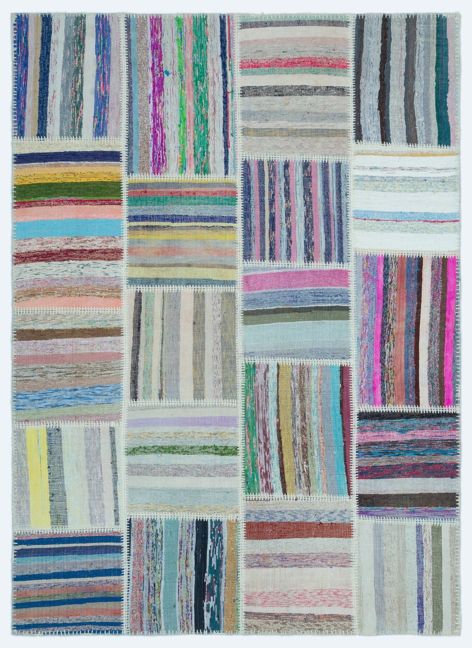 Teselya 25255 Beige Striped Wool Handmade Area Rug 5'3" x 7'3"