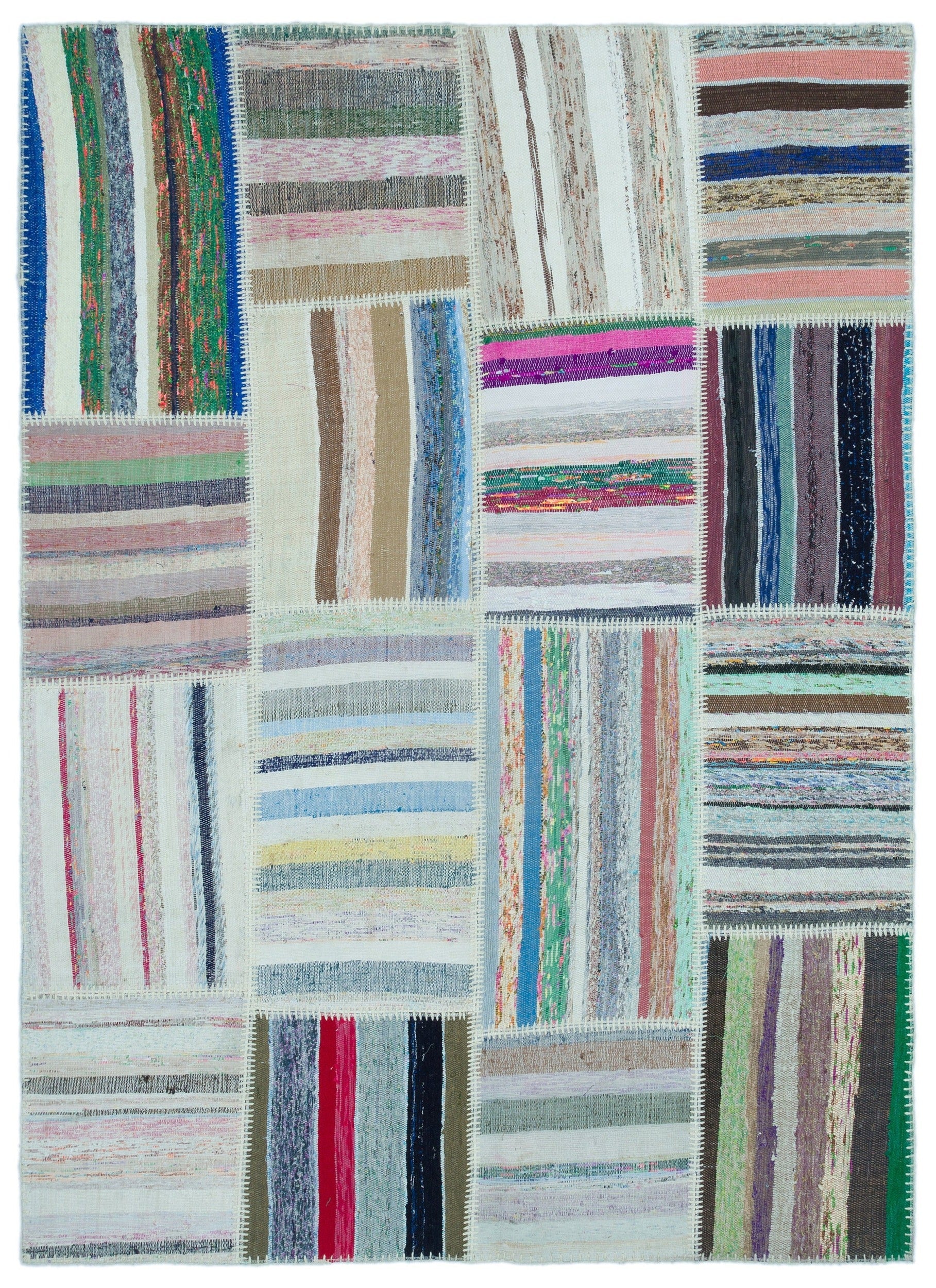 Teselya 25265 Beige Striped Wool Handmade Area Rug 5'3" x 7'3"