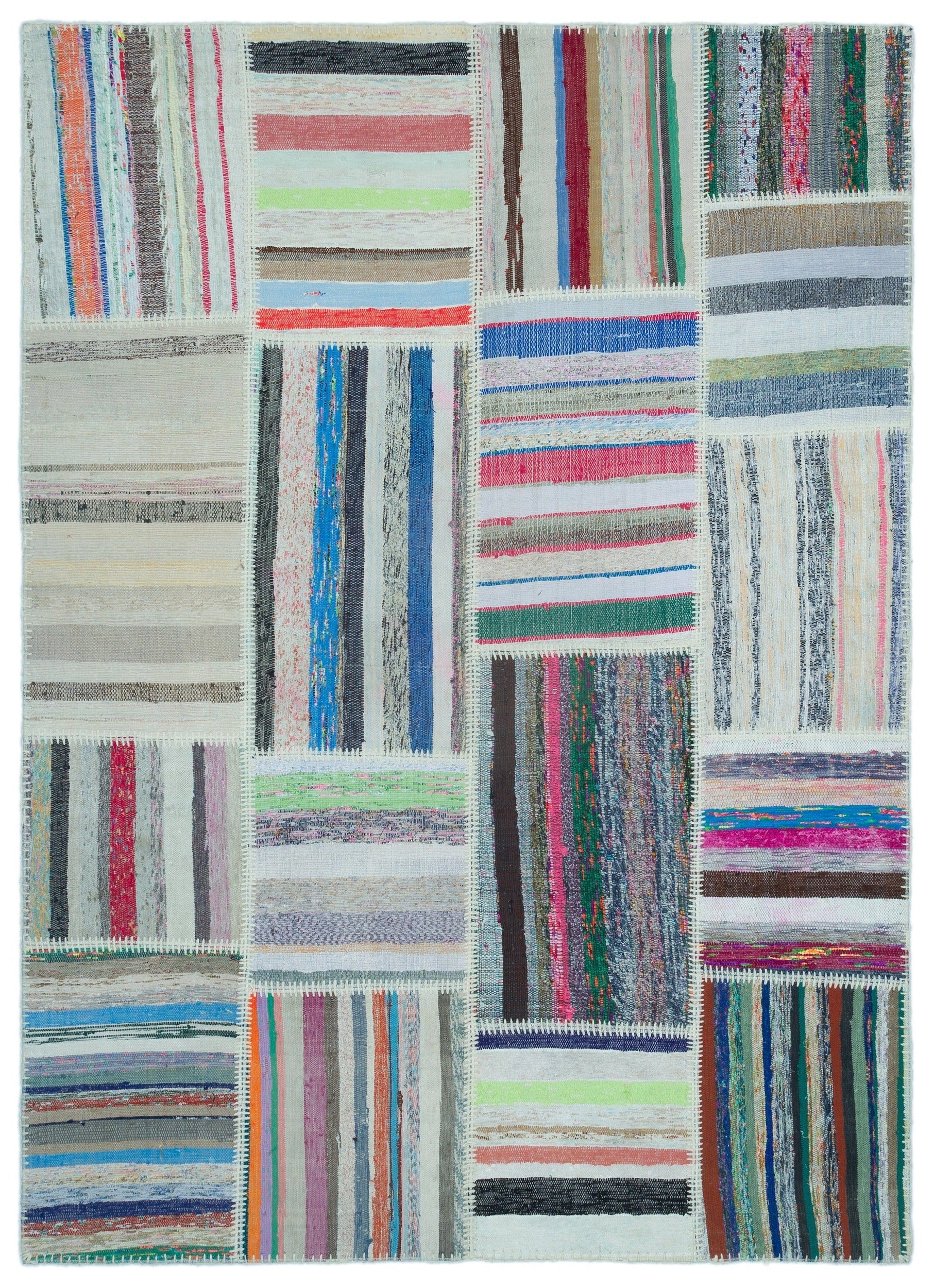 Teselya 25267 Patchwork Striped Wool Handmade Area Rug 5'3" x 7'3"