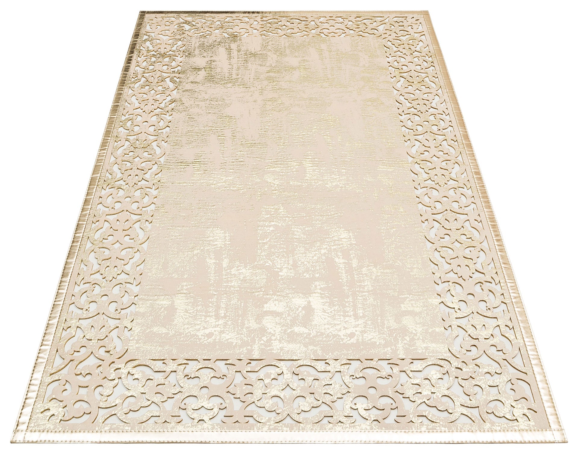 Carved Leather Rug – Modern Cream Leather Carpet With Shiny Border & Antislip