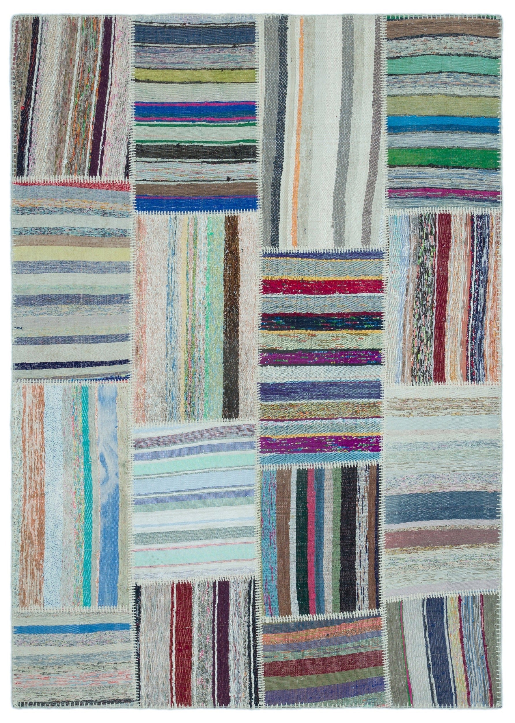 Teselya 25320 Beige Striped Wool Handmade Area Rug 5'2" x 7'3"