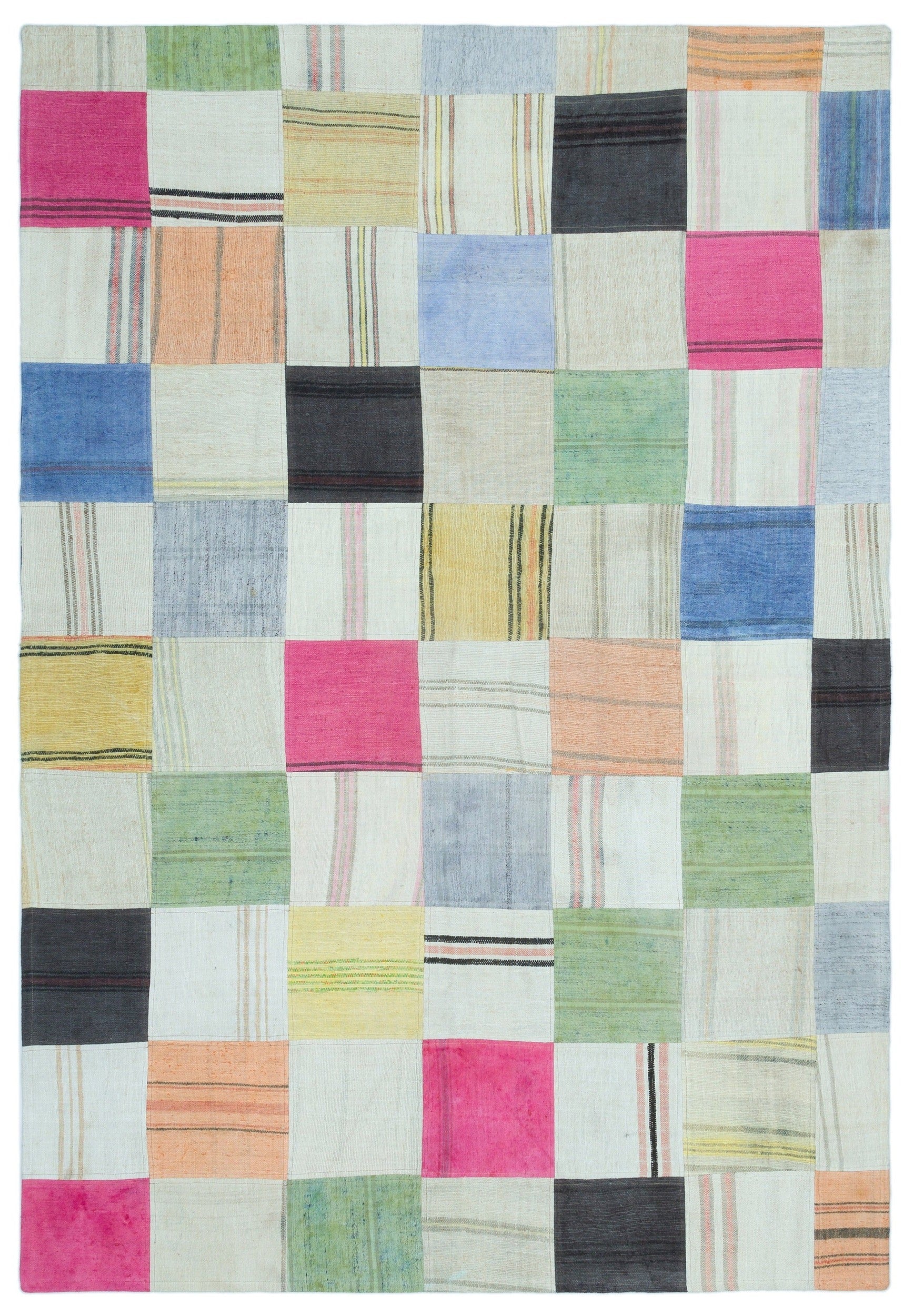 Teselya Beige Patchwork Wool Handmade Area Rug 5'2" x 7'7"