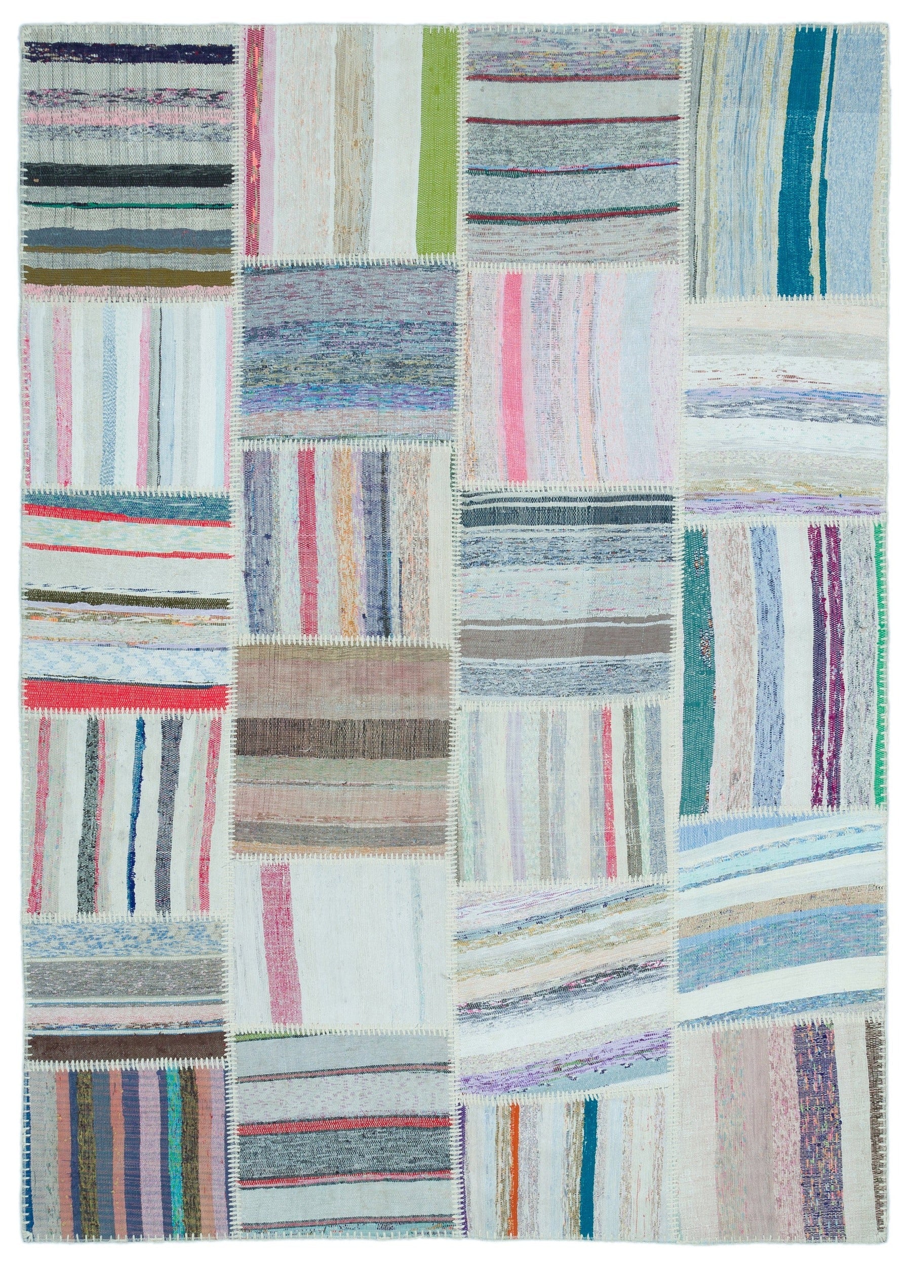 Teselya 25350 Beige Striped Wool Handmade Area Rug 5'2" x 7'3"