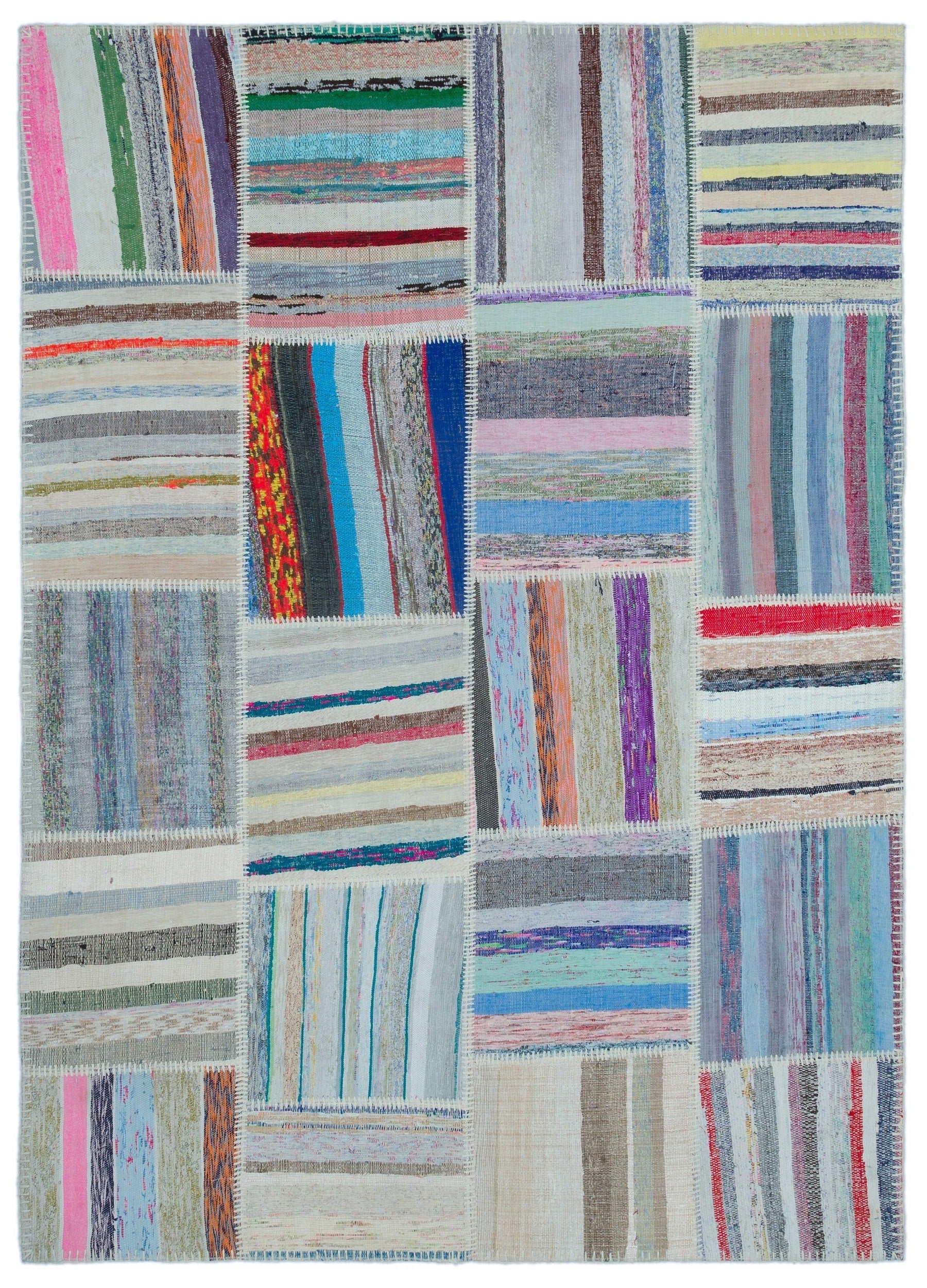 Teselya 25404 Patchwork Striped Wool Handmade Area Rug 5'3" x 7'3"