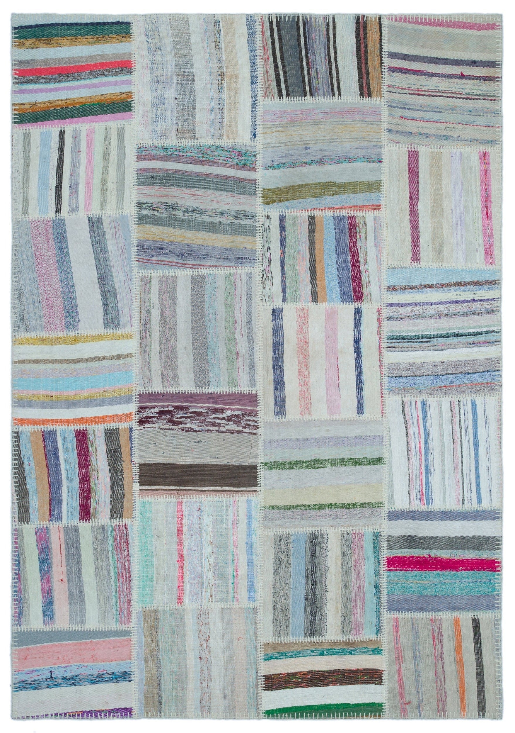Teselya Beige Striped Wool Handmade Area Rug 5'2" x 7'5"