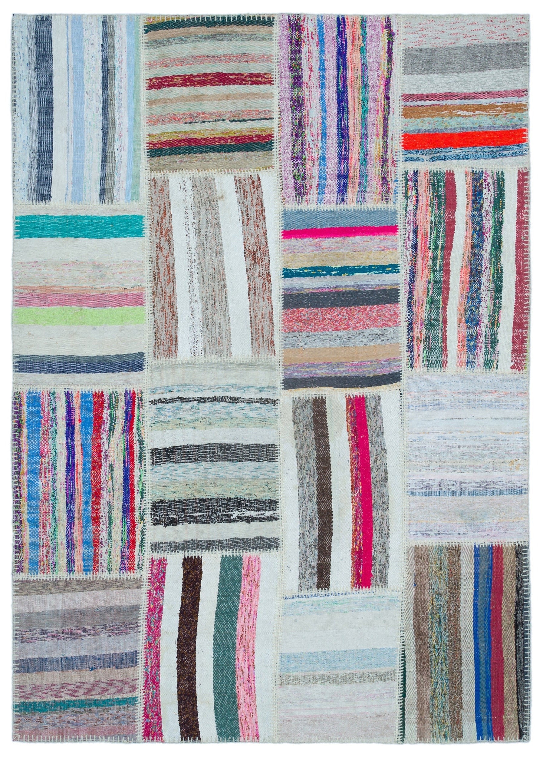 Teselya 25436 Beige Striped Wool Handmade Area Rug 5'3" x 7'4"