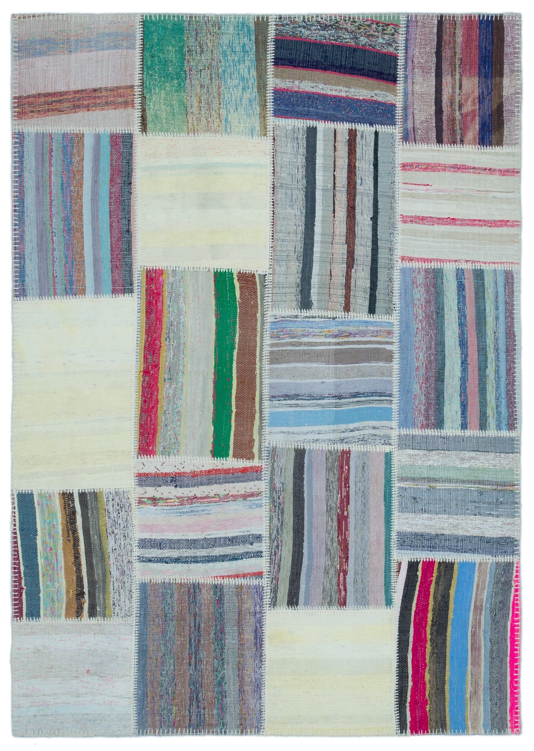 Teselya 25439 Beige Striped Wool Handmade Area Rug 5'3" x 7'4"