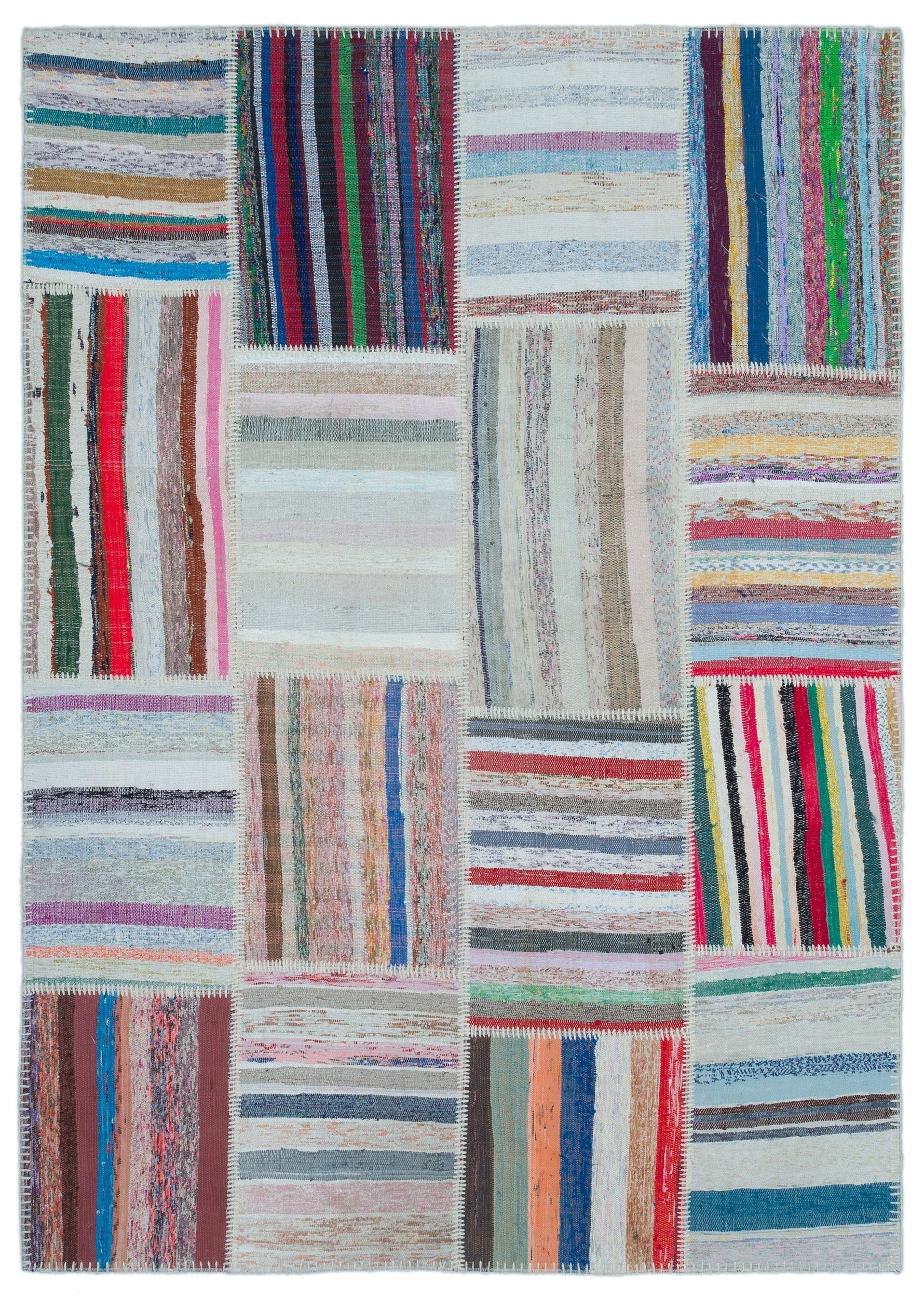Teselya 25441 Beige Striped Wool Handmade Area Rug 5'3" x 7'4"