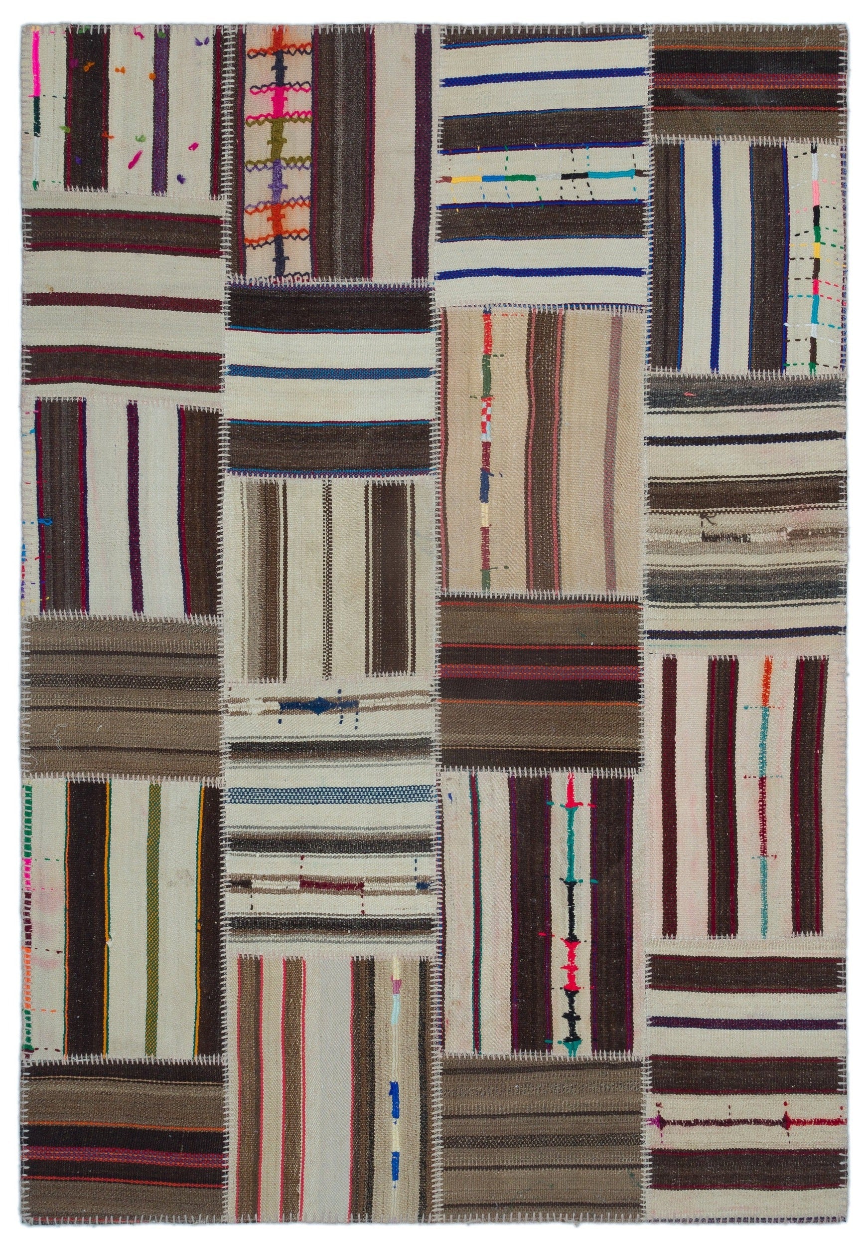 Teselya 25442 Beige Striped Wool Handmade Area Rug 5'2" x 7'7"