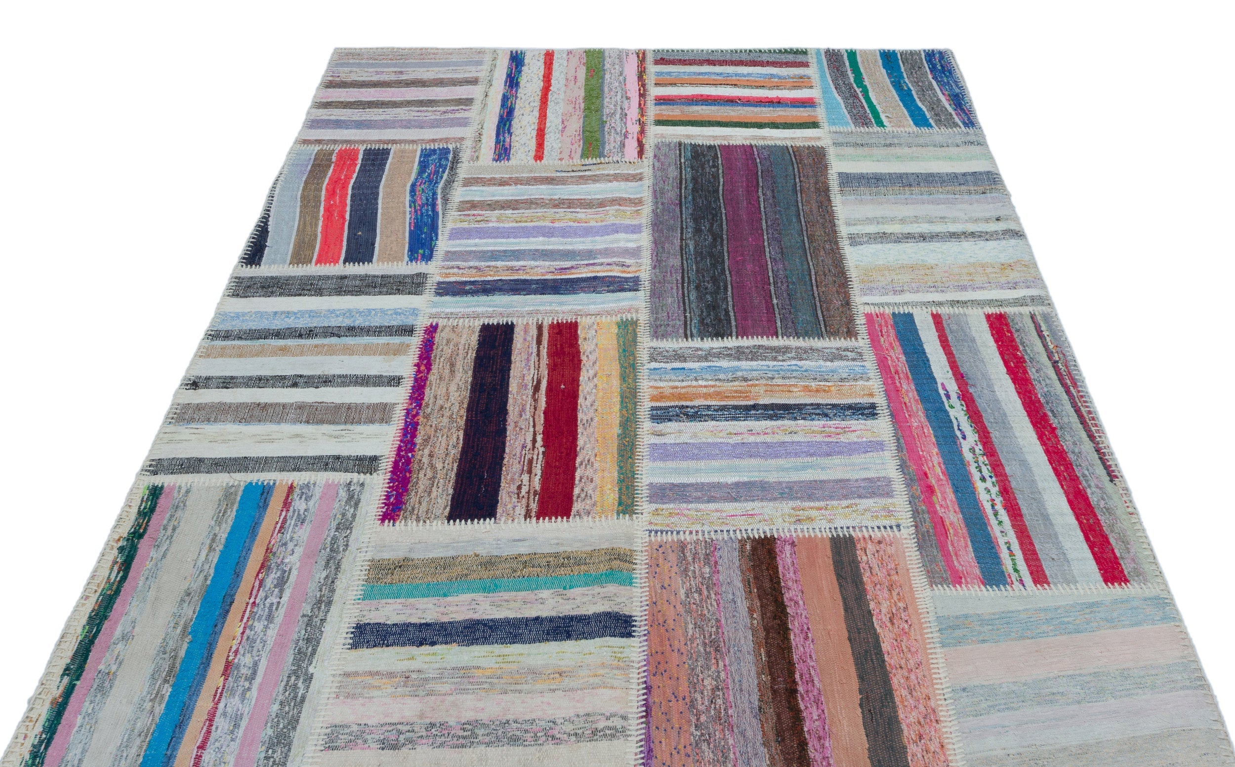 Teselya Beige Striped Wool Handmade Area Rug 5'1" x 7'3"
