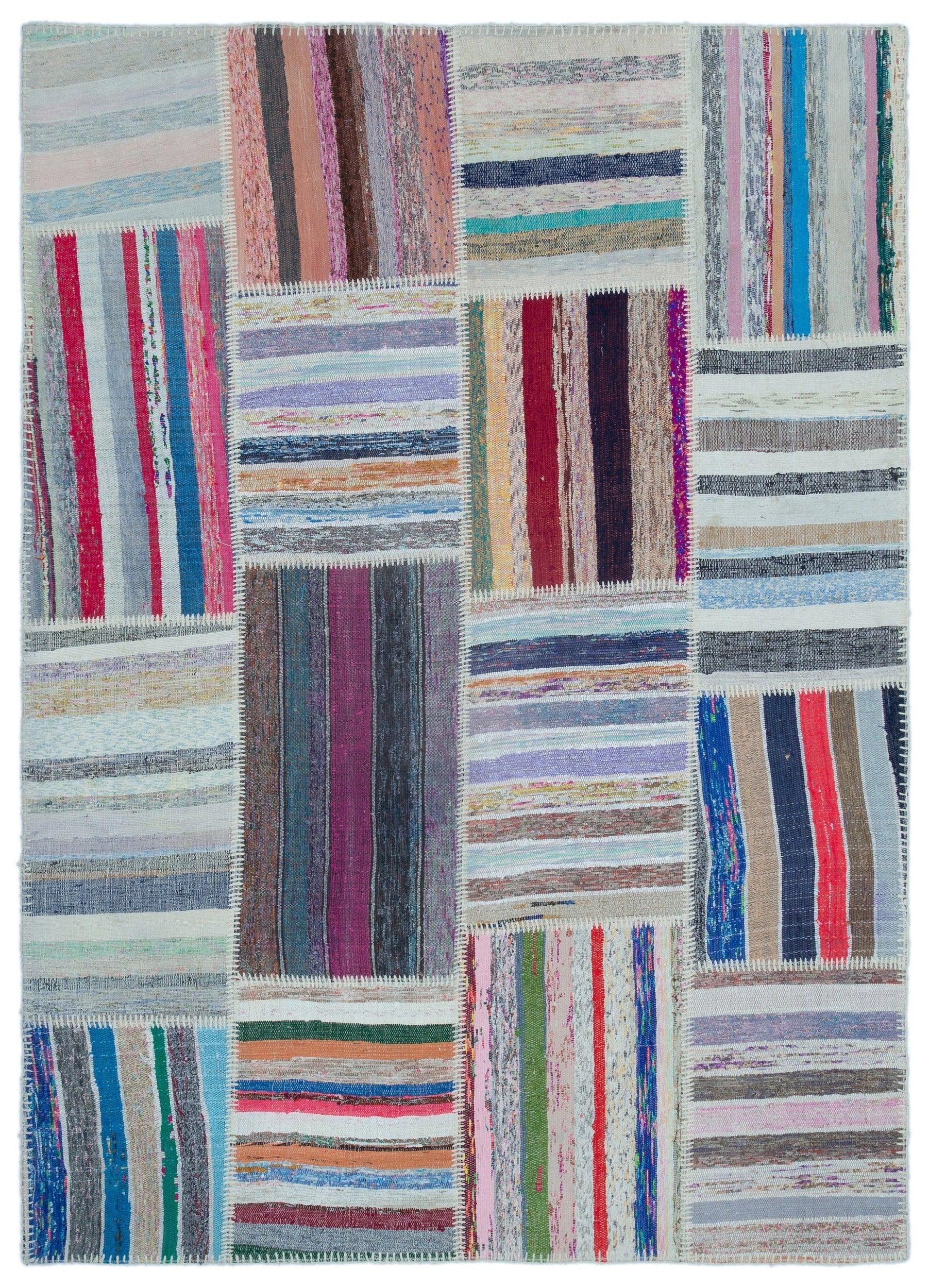Teselya Beige Striped Wool Handmade Area Rug 5'1" x 7'3"