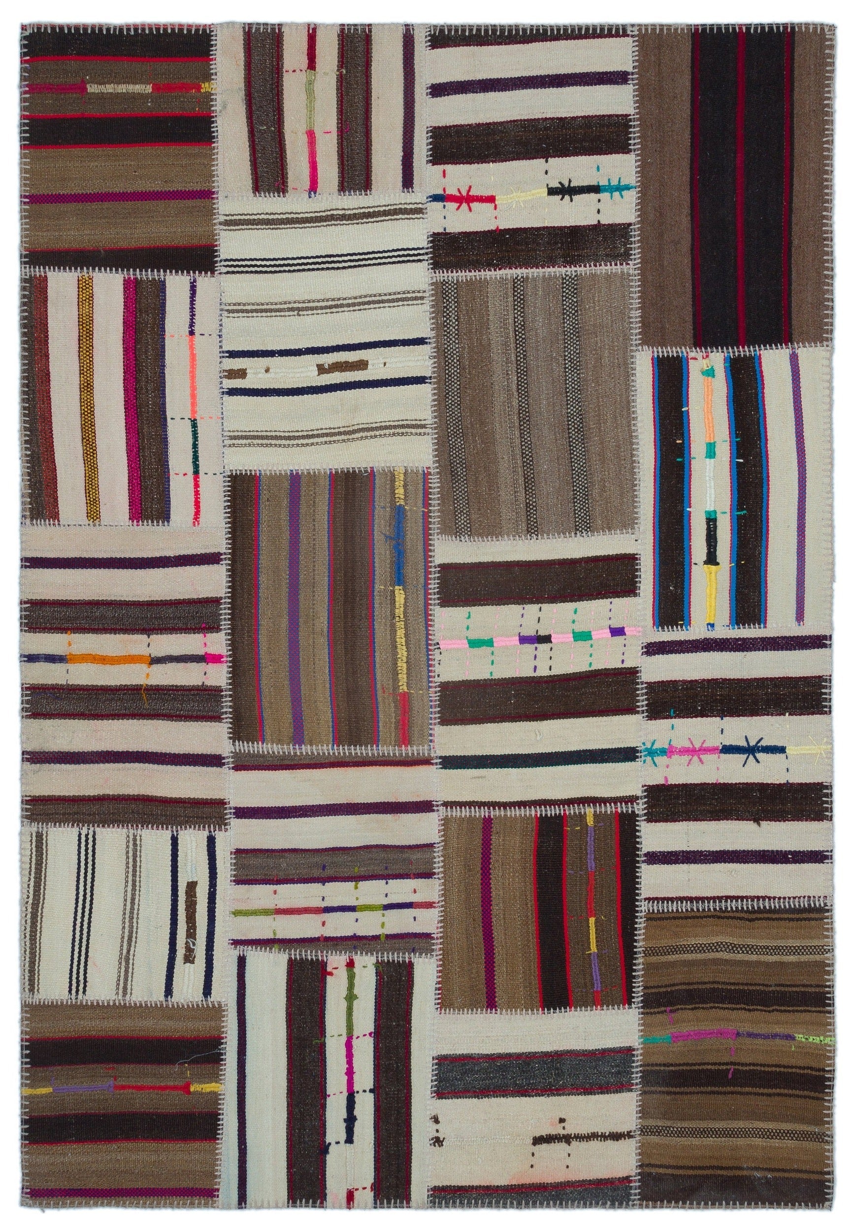 Teselya Beige Striped Wool Handmade Area Rug 5'2" x 7'7"