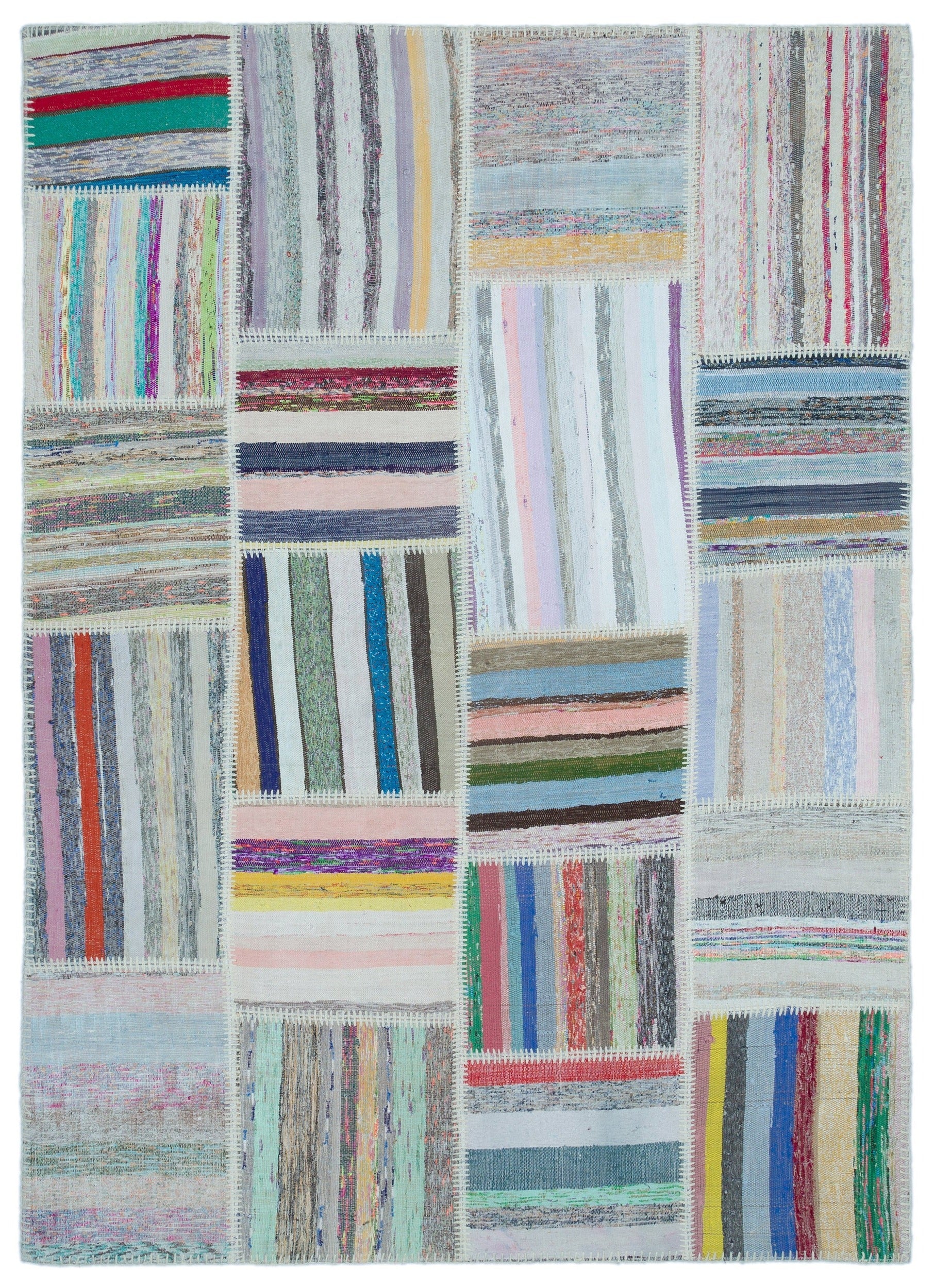 Teselya 25448 Beige Striped Wool Handmade Area Rug 5'3" x 7'4"