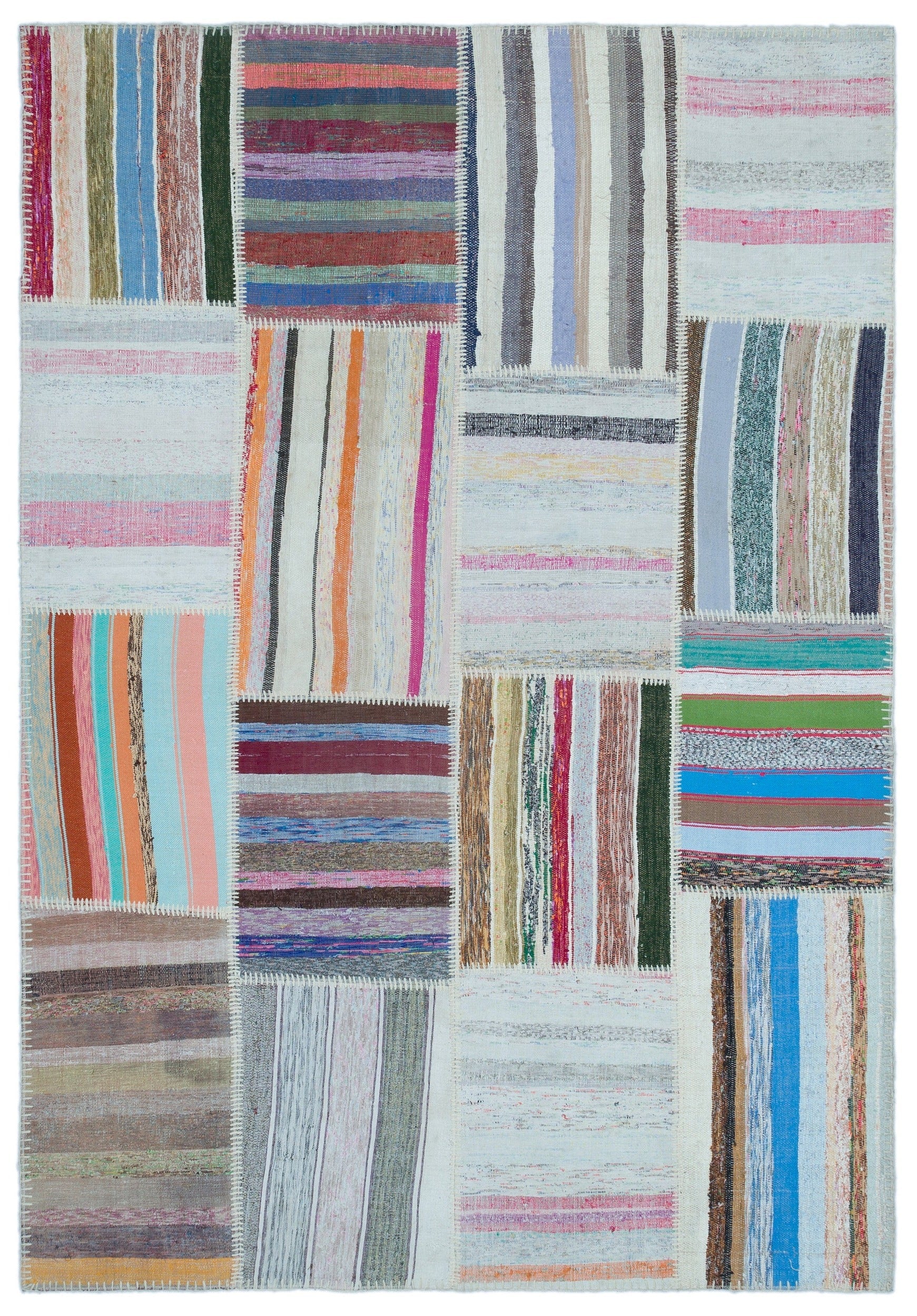 Teselya 25463 Beige Striped Wool Handmade Area Rug 5'3" x 7'7"