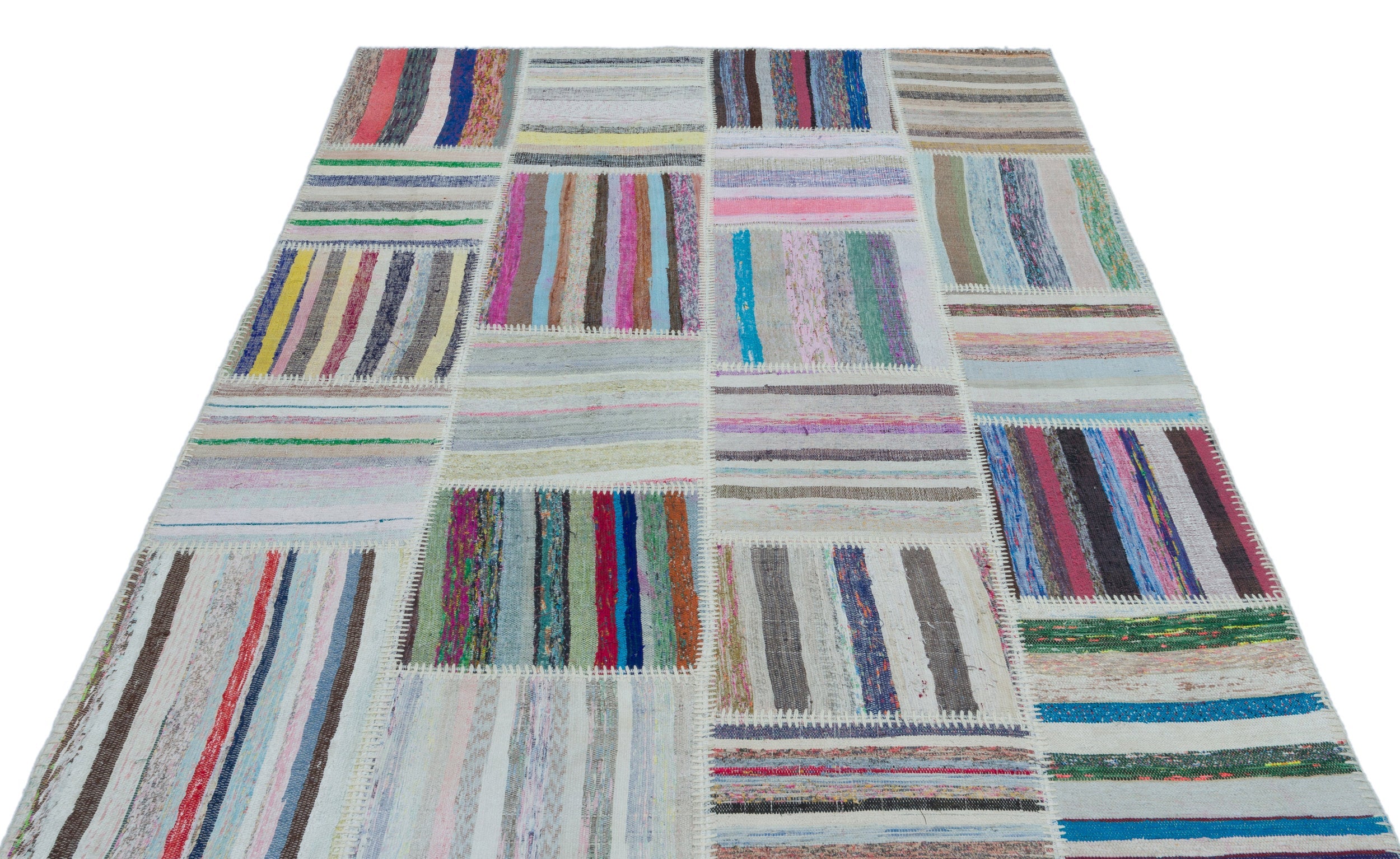 Teselya Beige Striped Wool Handmade Area Rug 5'3" x 7'5"