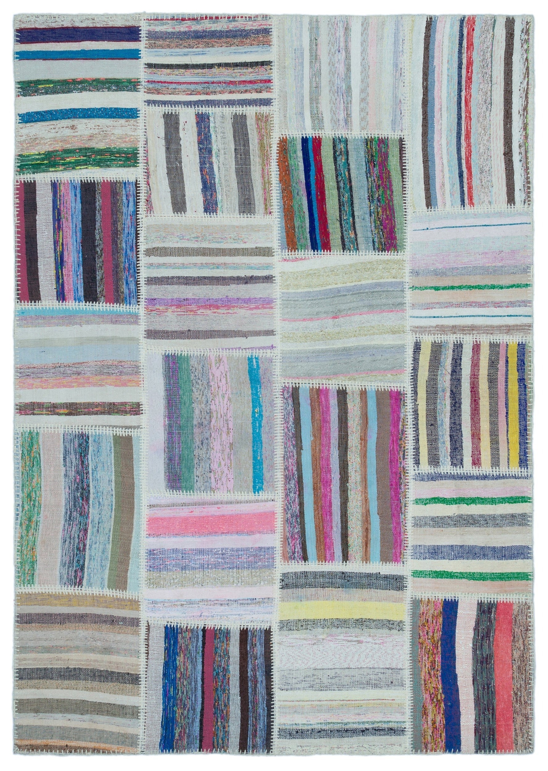 Teselya Beige Striped Wool Handmade Area Rug 5'3" x 7'5"