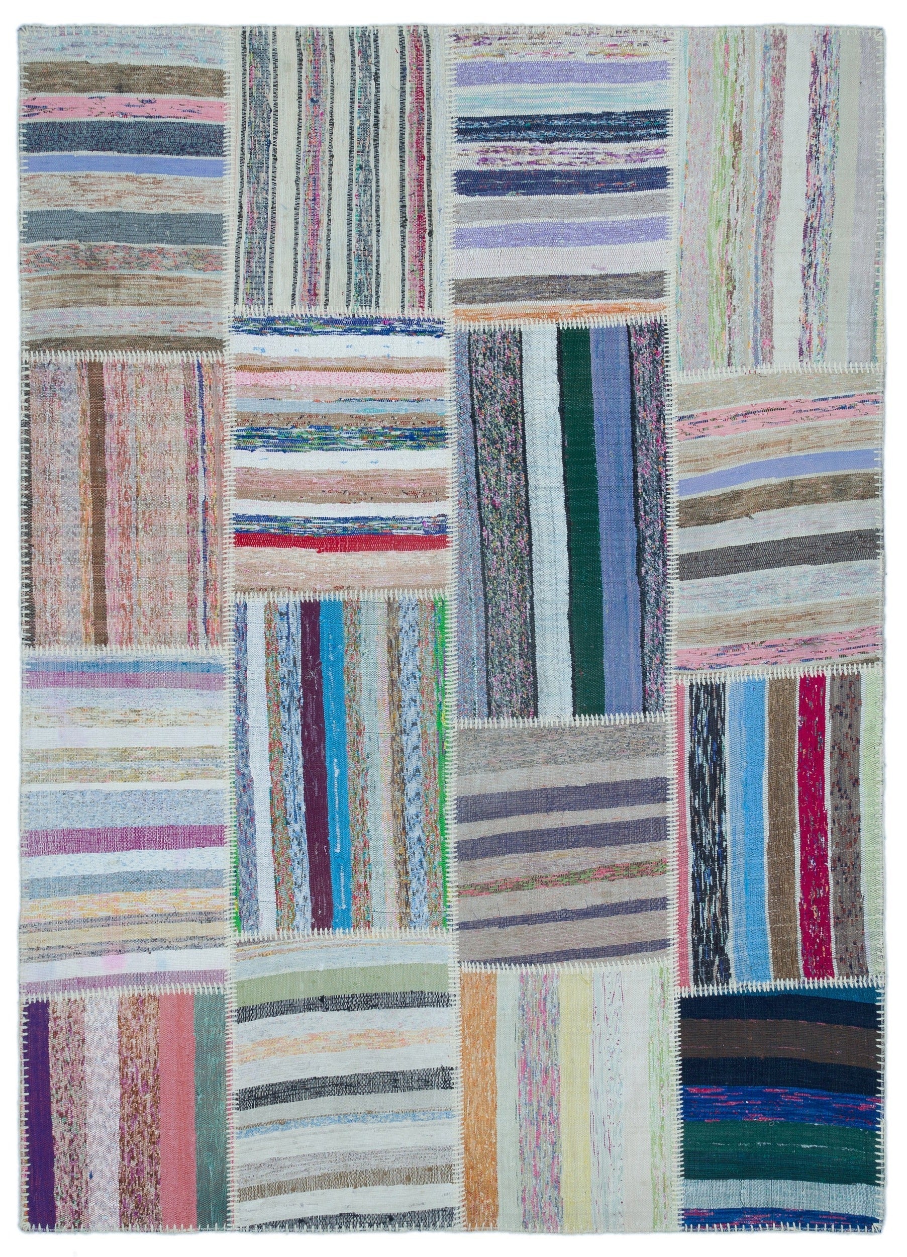 Teselya 25497 Beige Striped Wool Handmade Area Rug 5'3" x 7'4"