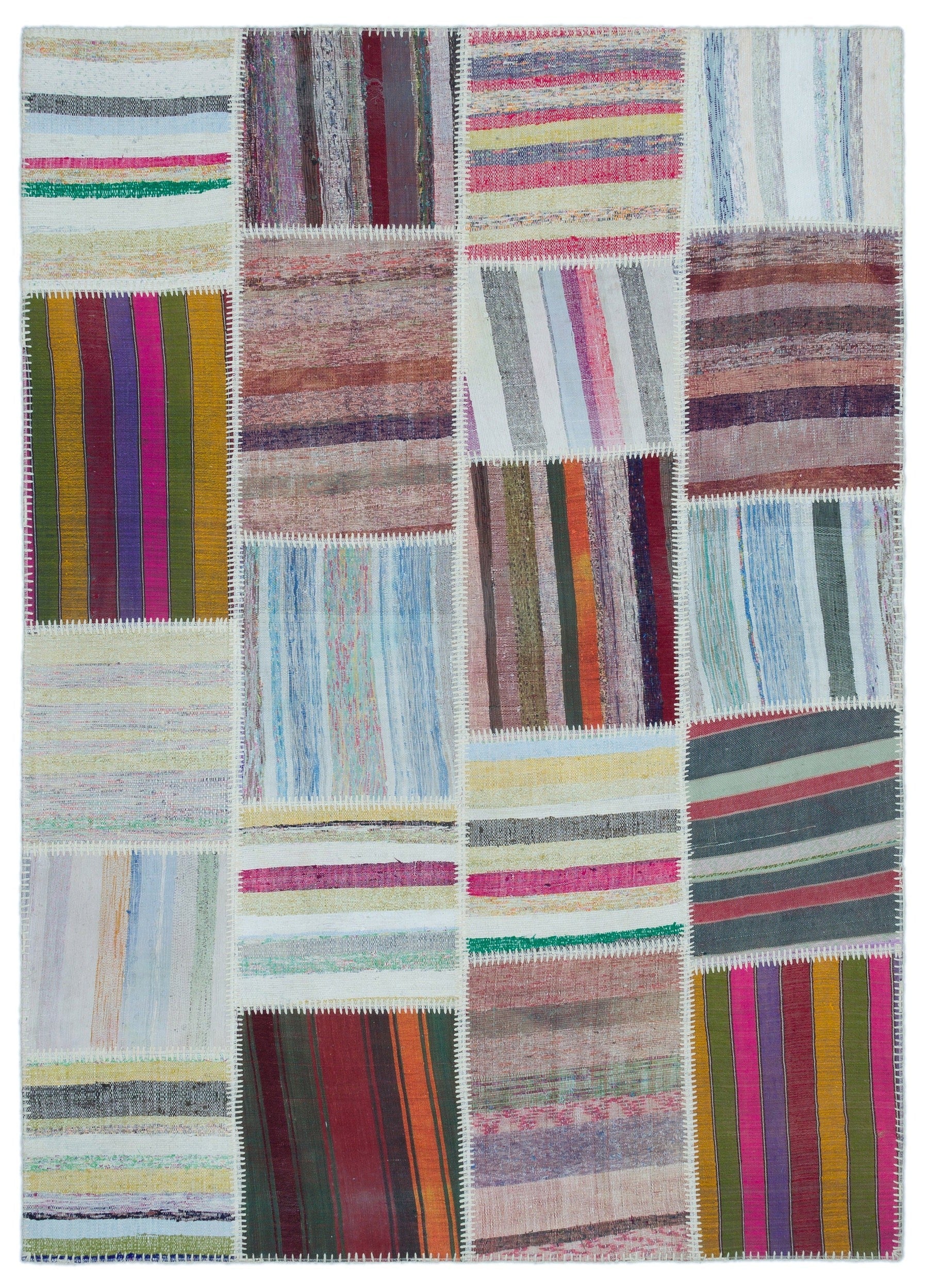 Teselya Beige Striped Wool Handmade Area Rug 5'3" x 7'5"