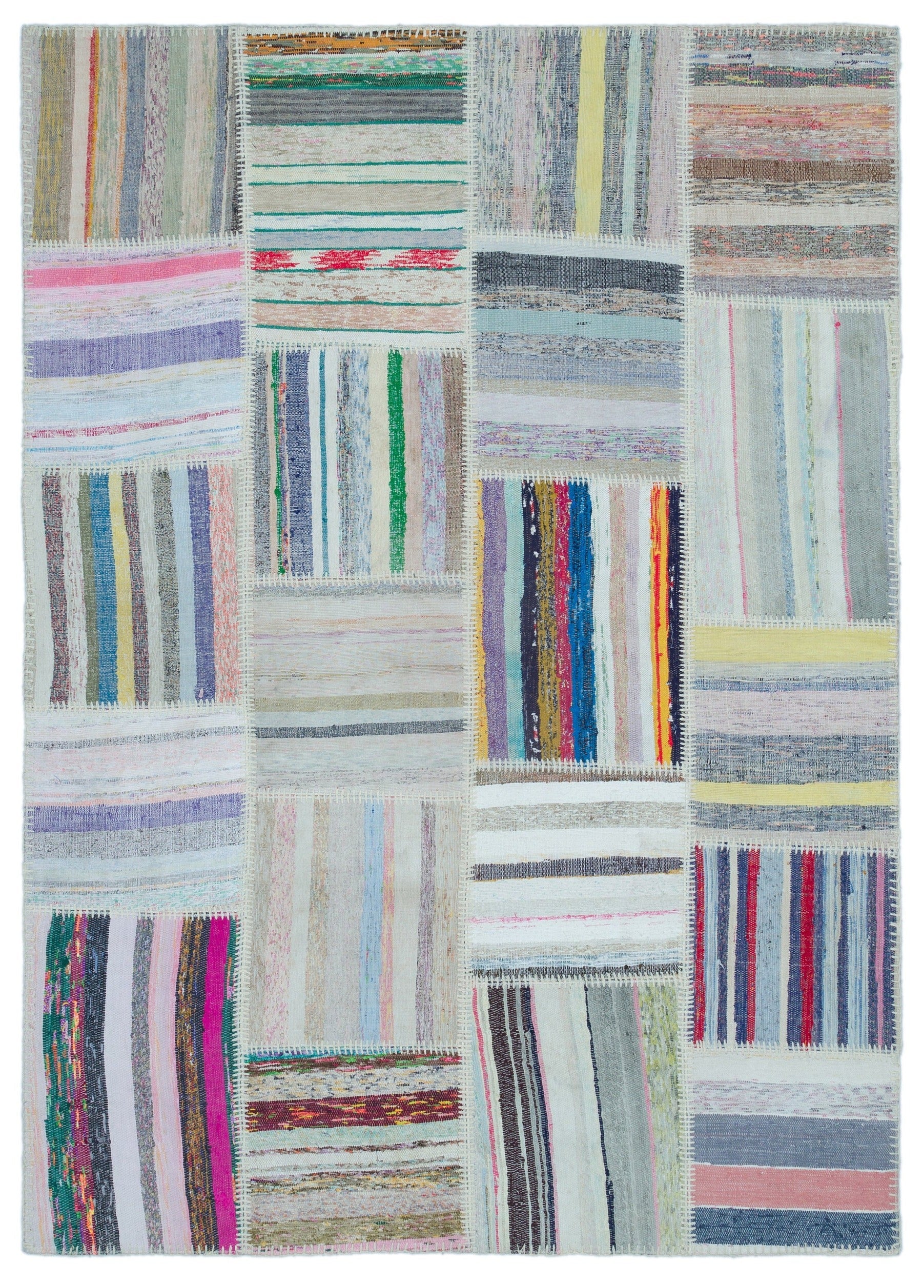 Teselya 25503 Beige Striped Wool Handmade Area Rug 5'3" x 7'4"