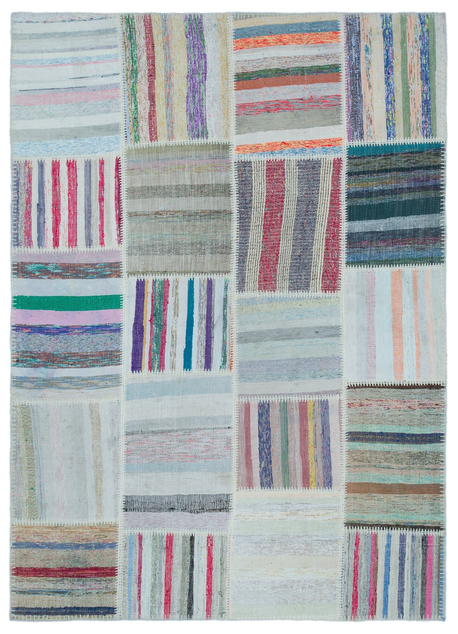 Teselya 25509 Beige Striped Wool Handmade Area Rug 5'2" x 7'3"