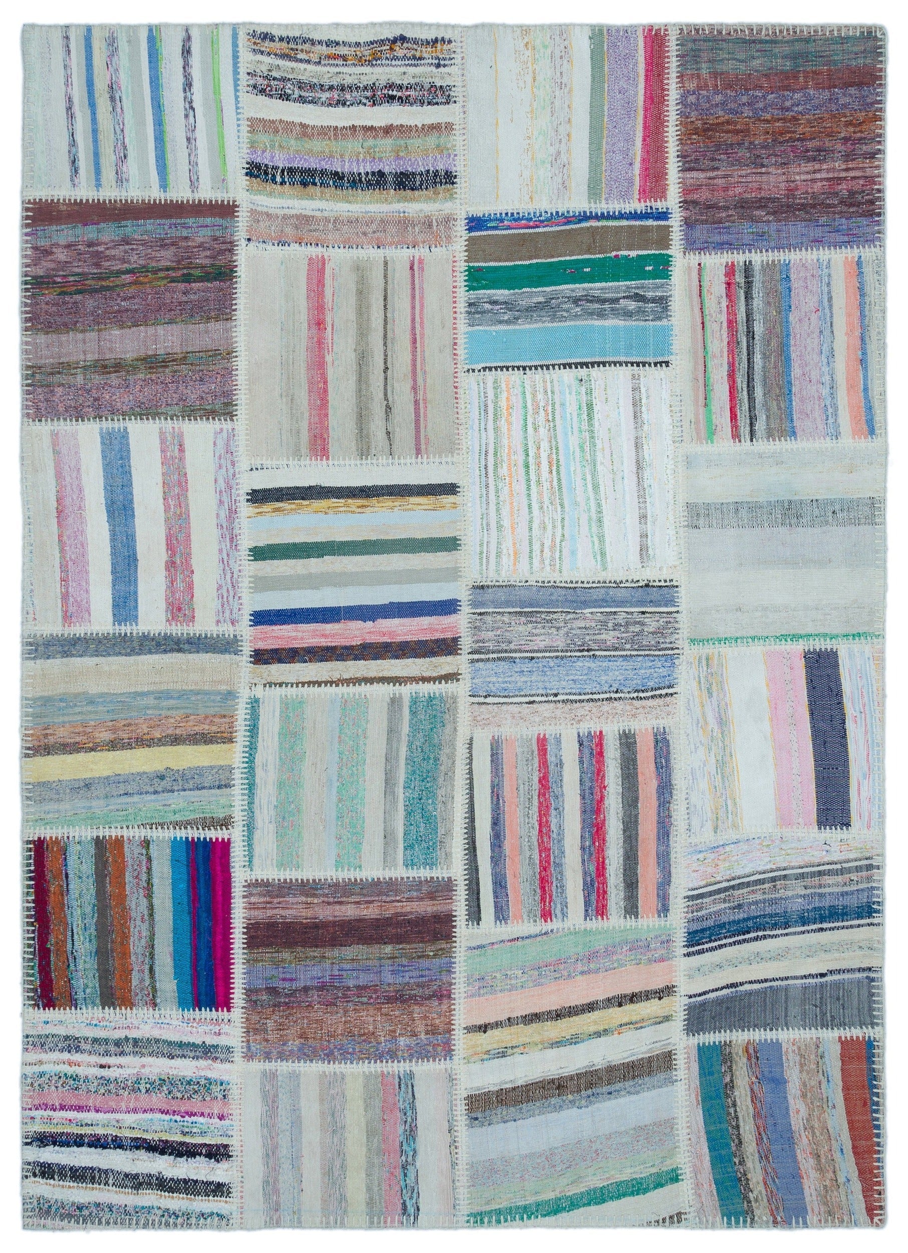 Teselya 25512 Beige Striped Wool Handmade Area Rug 5'3" x 7'3"