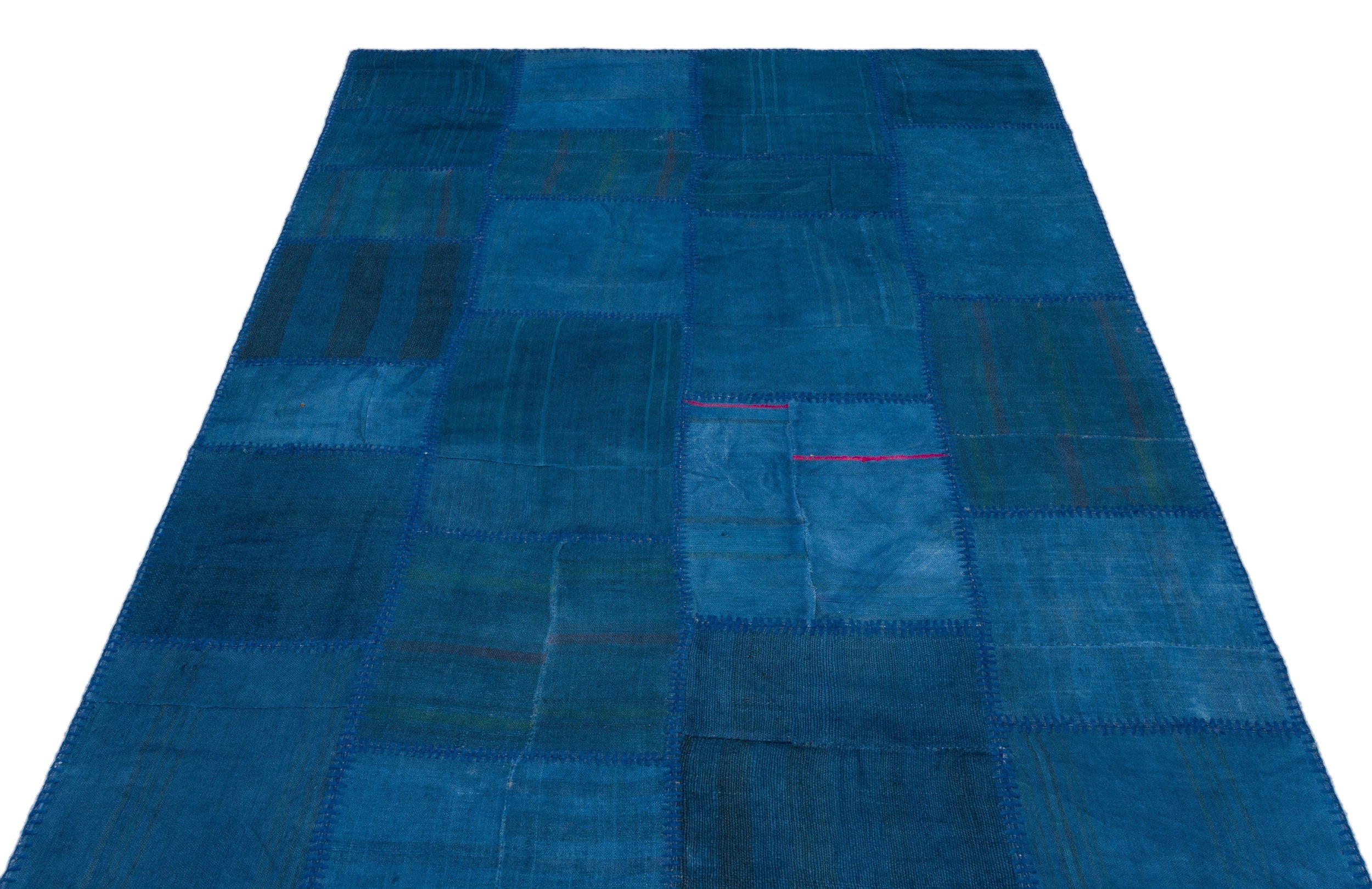 Blue Patchwork Rug – Handmade Wool Area Rug 5'1" x 7'7" with Vintage Design