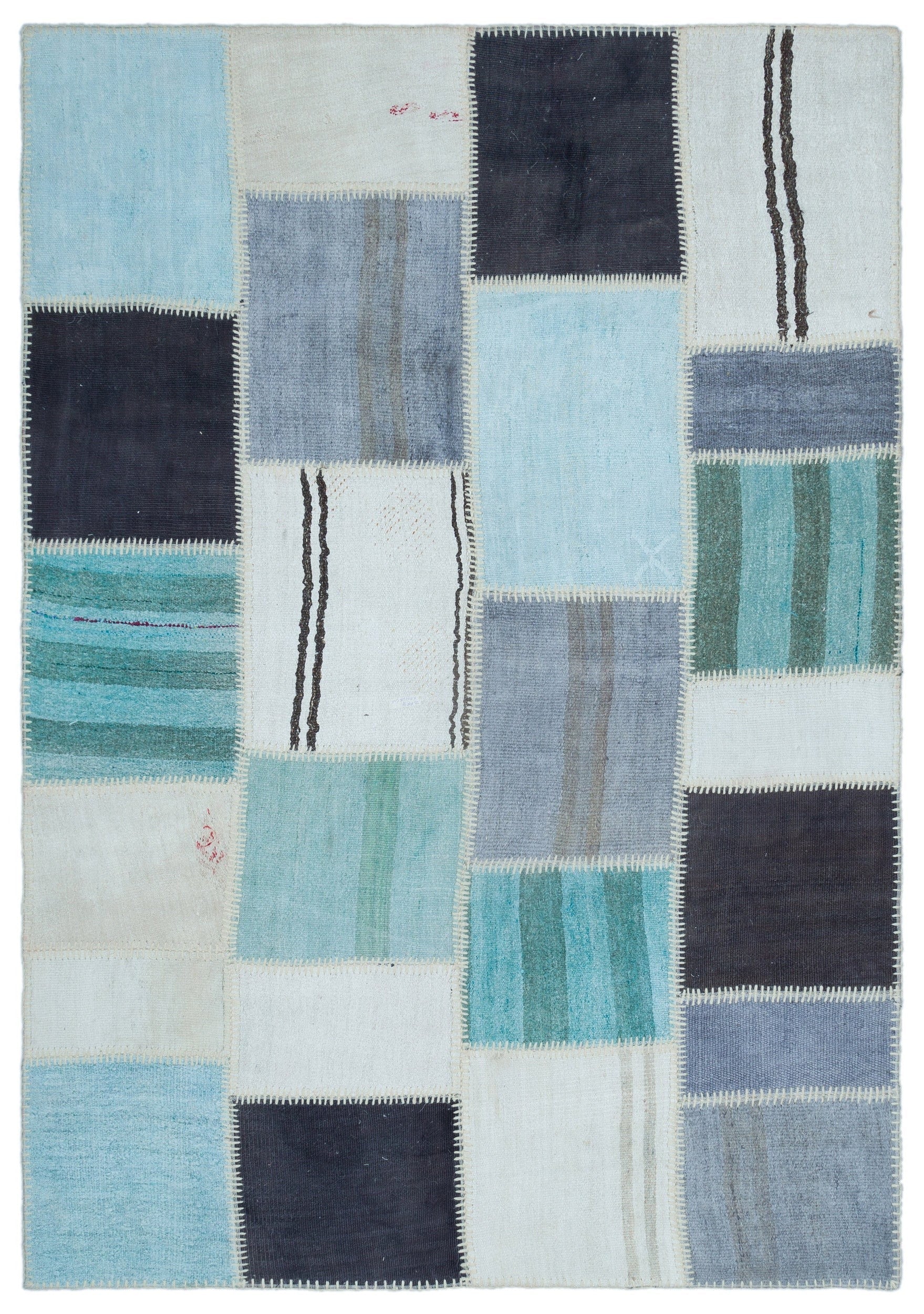 Teselya 25562 Blue Patchwork Wool Handmade Area Rug 5'3" x 7'7"