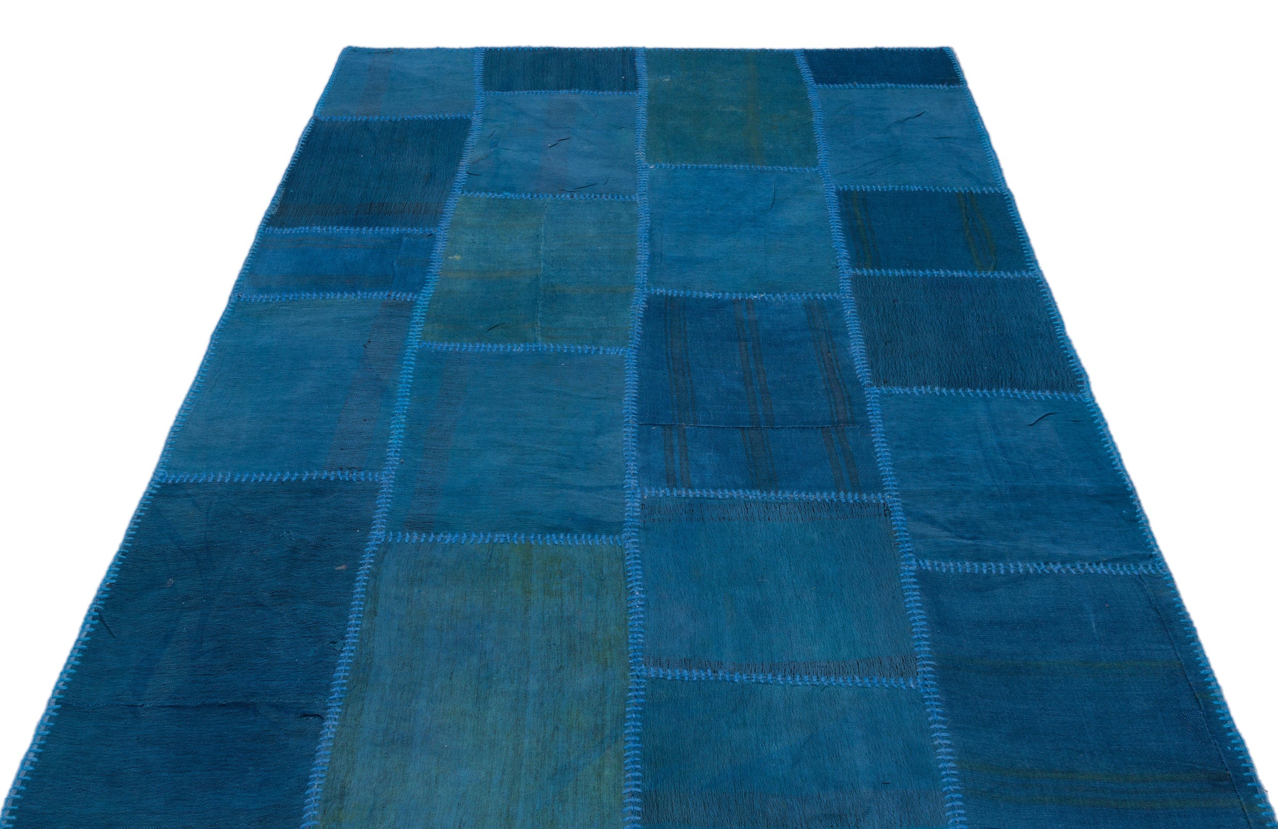 Blue Patchwork Rug – Handmade Wool Area Rug 5'1" x 7'7" | Vintage Style Carpet