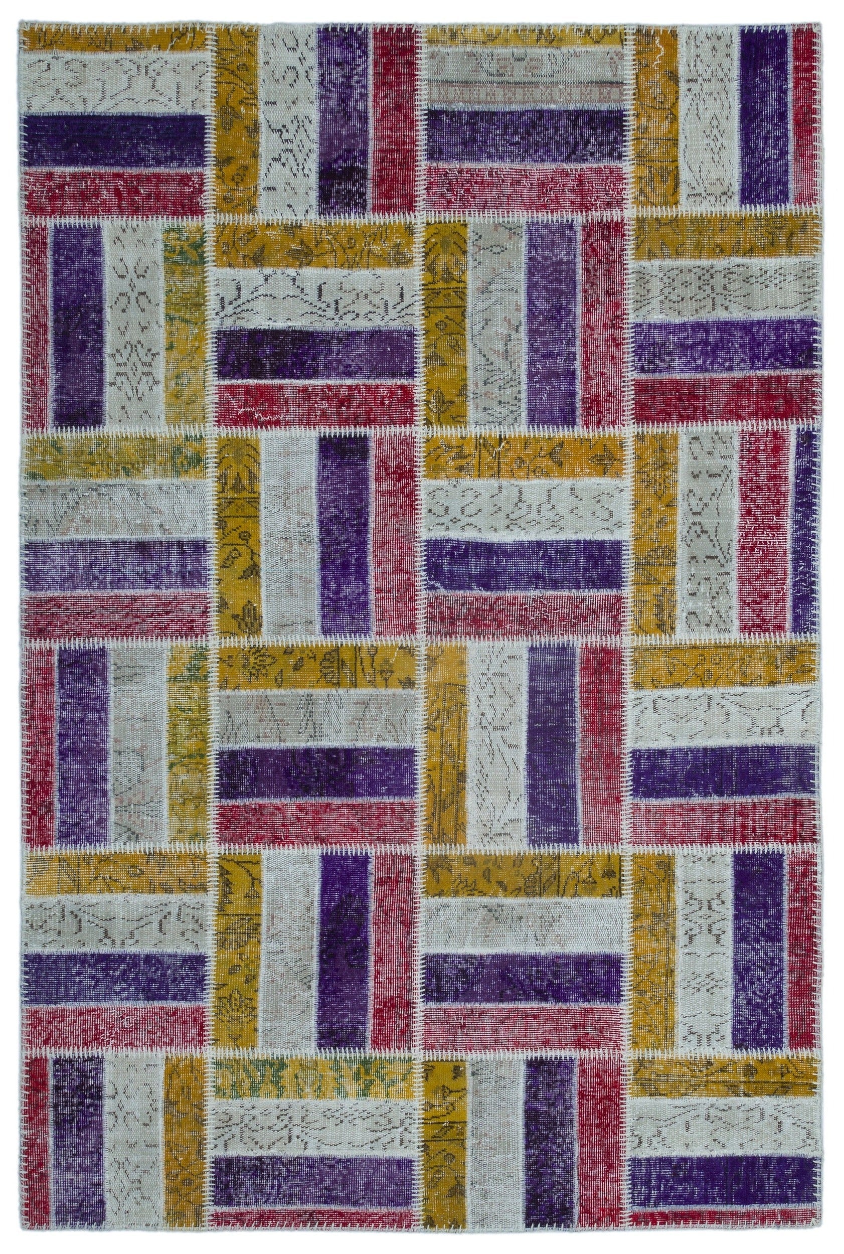 Iskece Beige Patchwork Wool Handmade Area Rug 5'3" x 7'10"