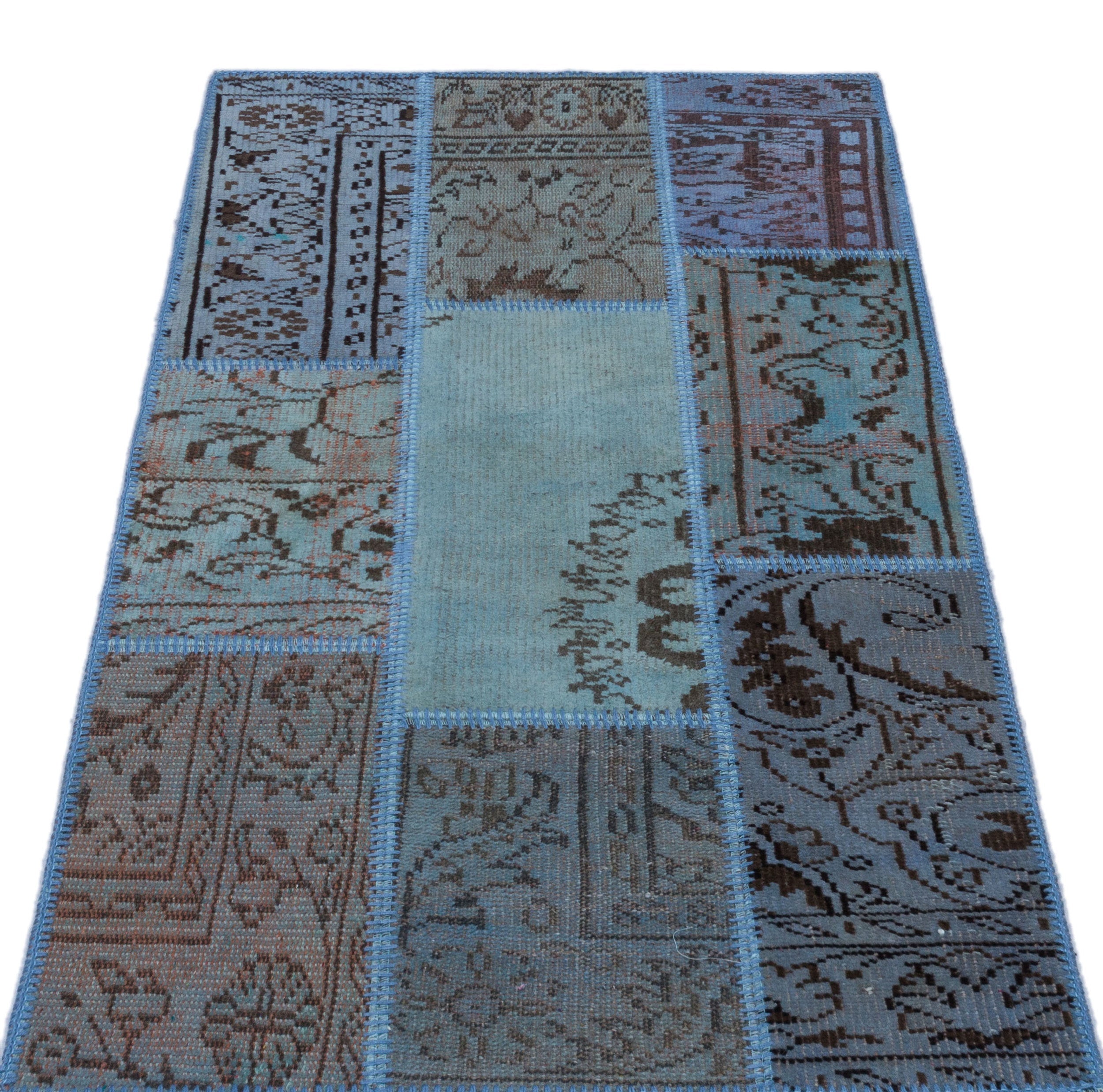 Iskece 26064 Blue Patchwork Wool Handmade Area Rug 2'7" x 4'11"