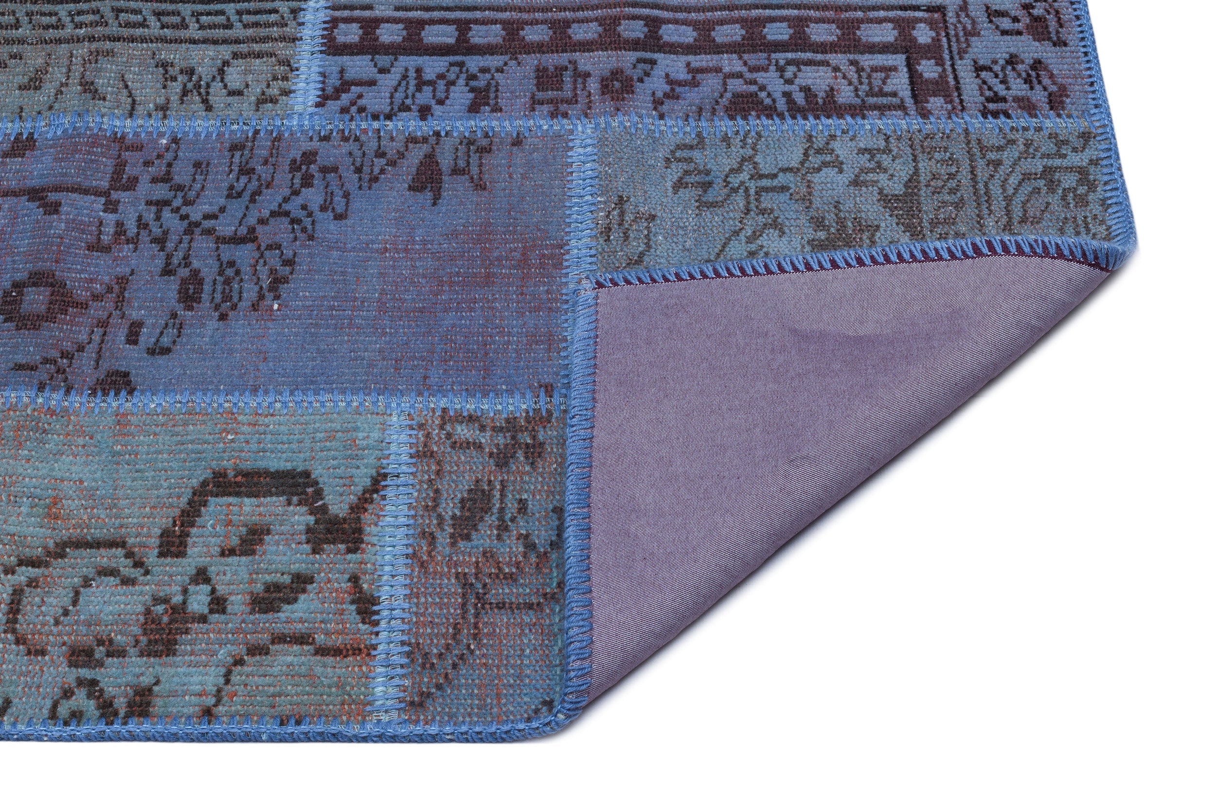 Iskece 26095 Blue Patchwork Wool Handmade Area Rug 2'7" x 4'11"