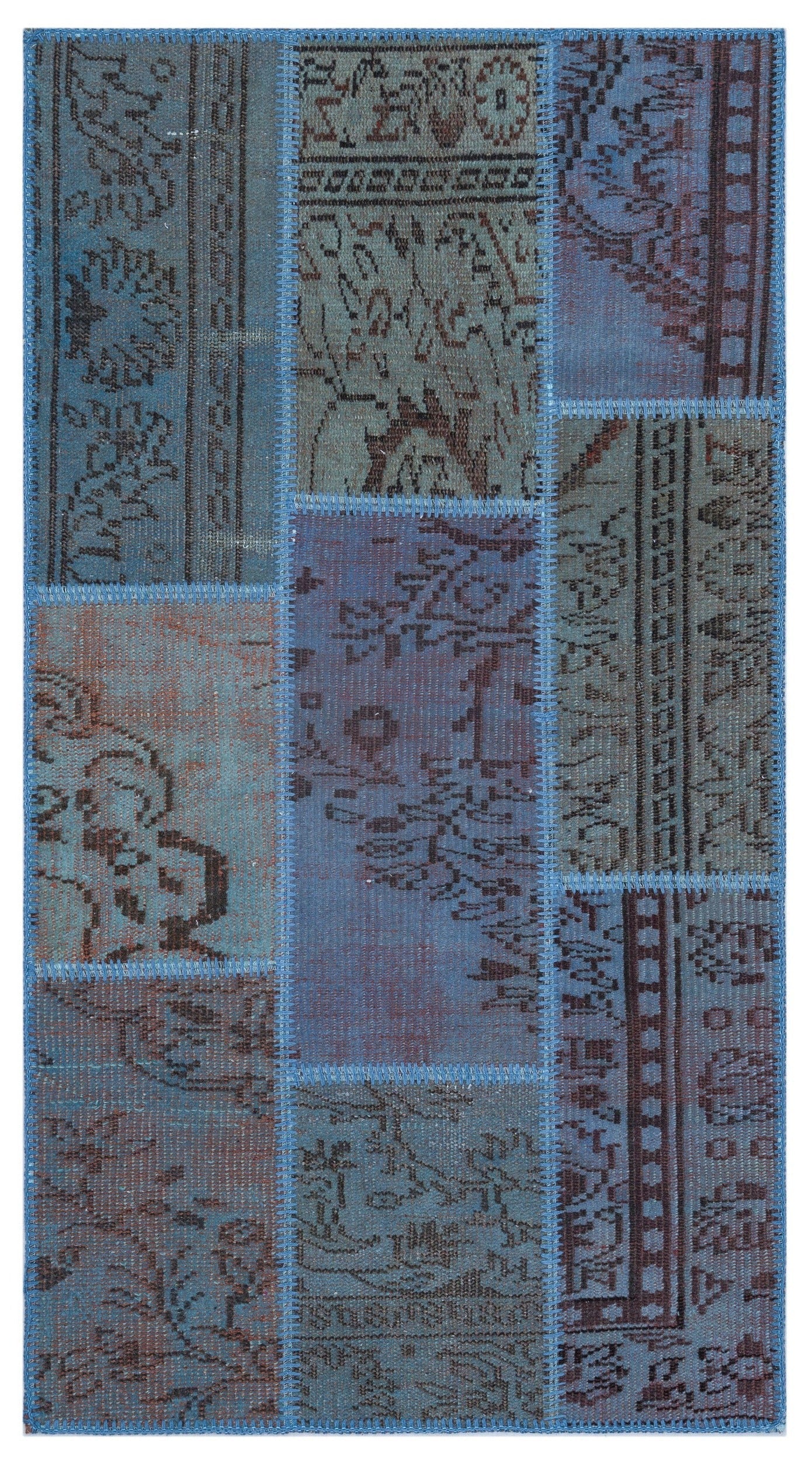 Iskece 26095 Blue Patchwork Wool Handmade Area Rug 2'7" x 4'11"