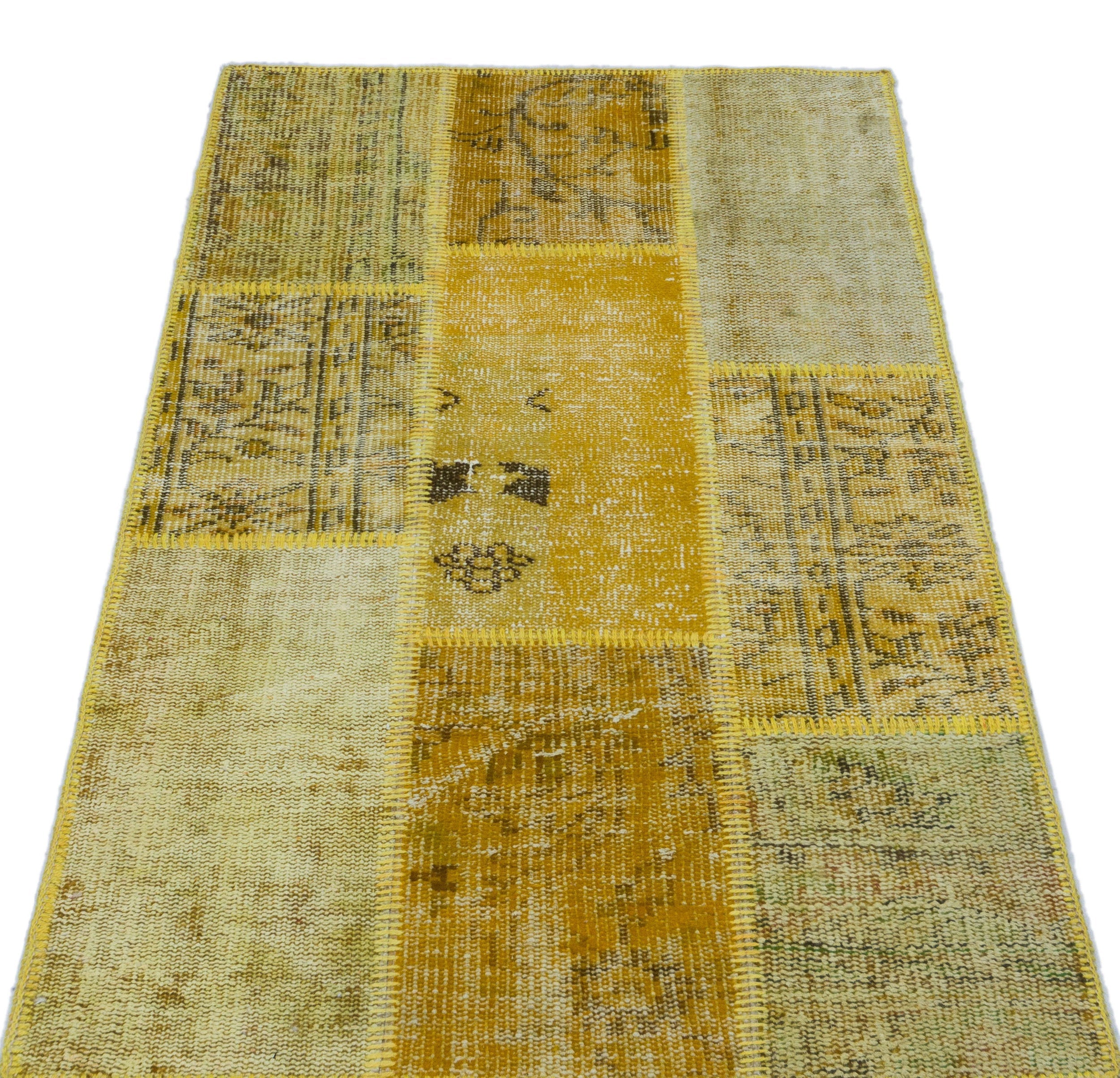 Iskece 26188 Yellow Patchwork Wool Handmade Area Rug 2'7" x 4'11"