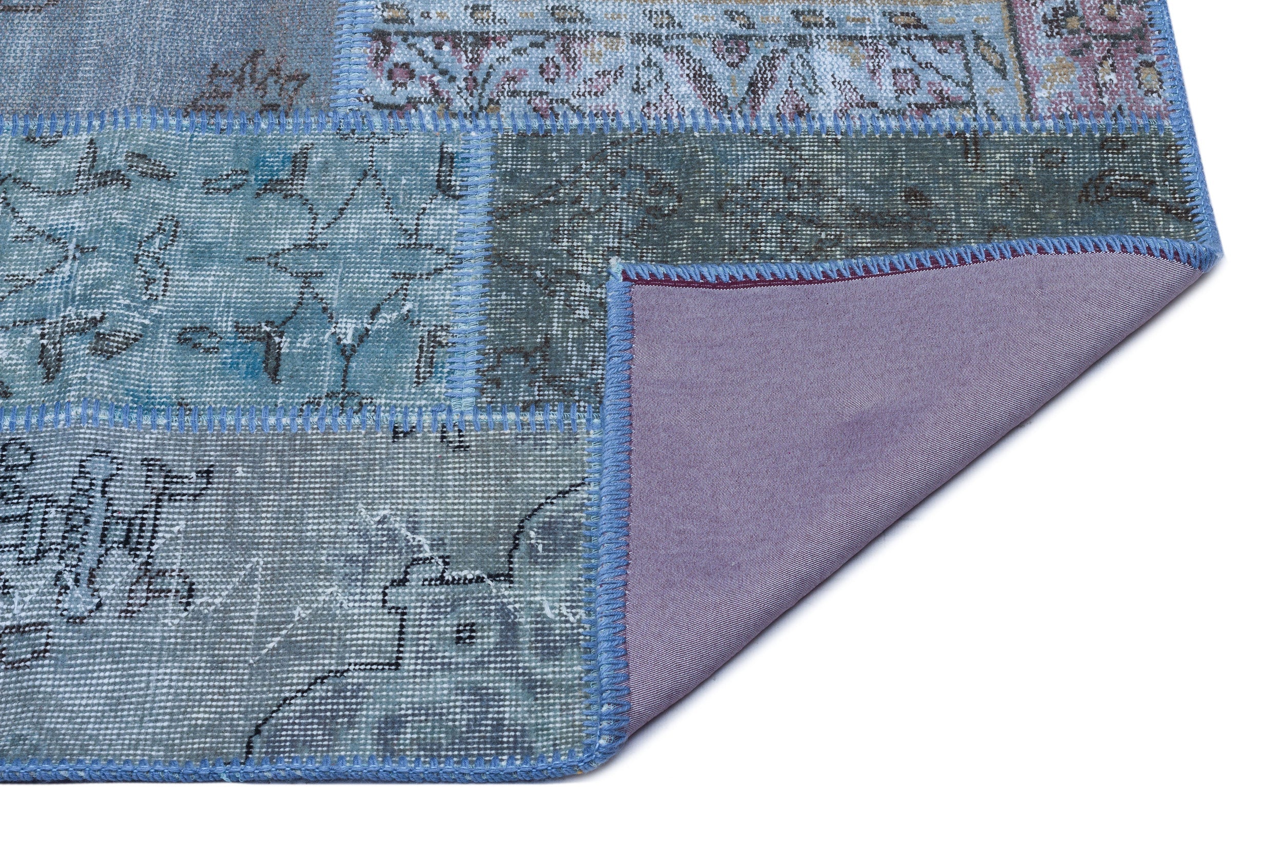 Iskece 26221 Blue Patchwork Wool Handmade Area Rug 2'7" x 4'11"