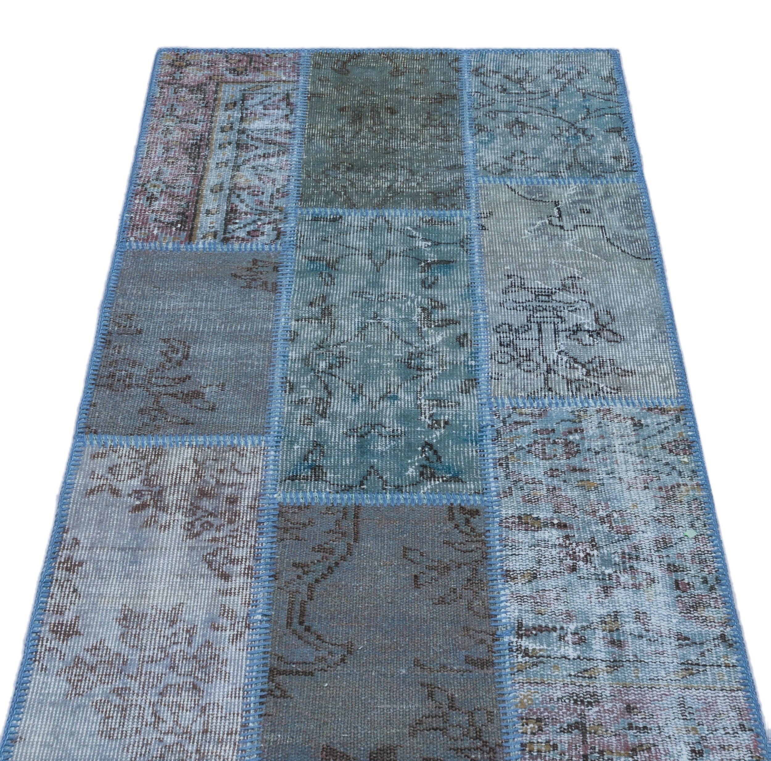 Iskece 26221 Blue Patchwork Wool Handmade Area Rug 2'7" x 4'11"