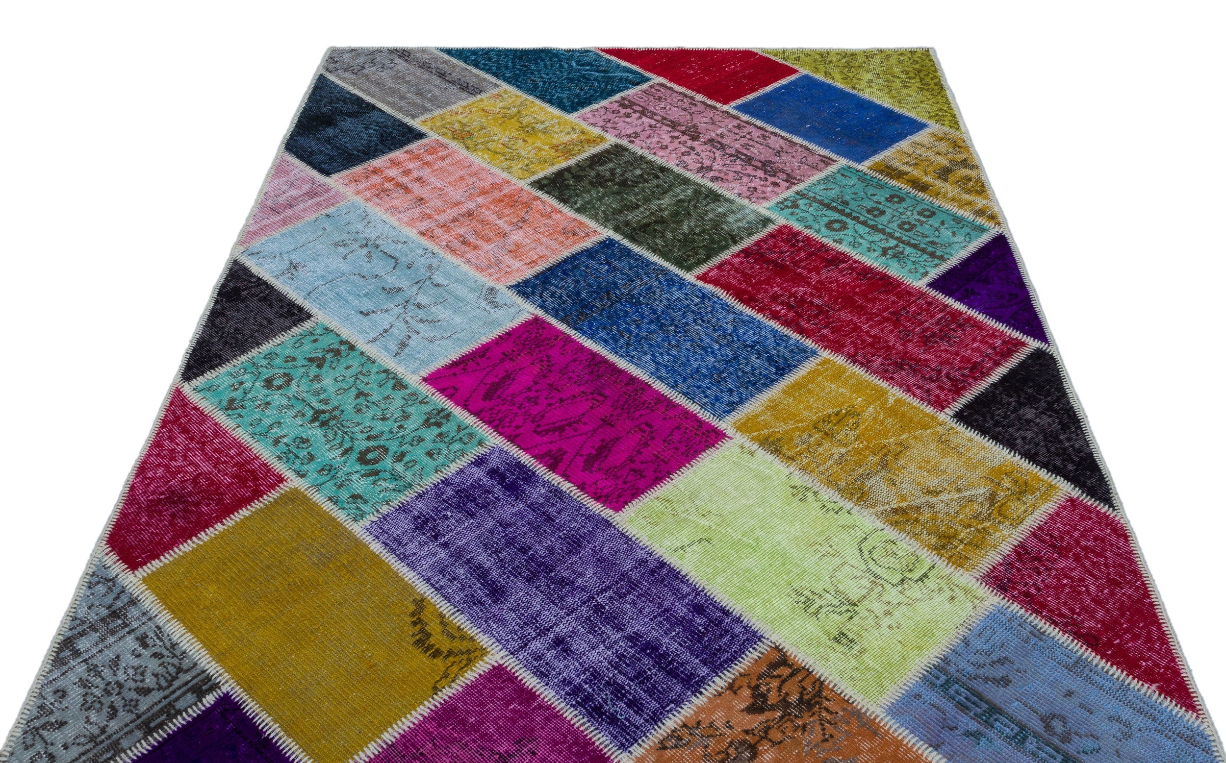 Iskece 26351 Beige Patchwork Wool Handmade Area Rug 5'3" x 7'7"