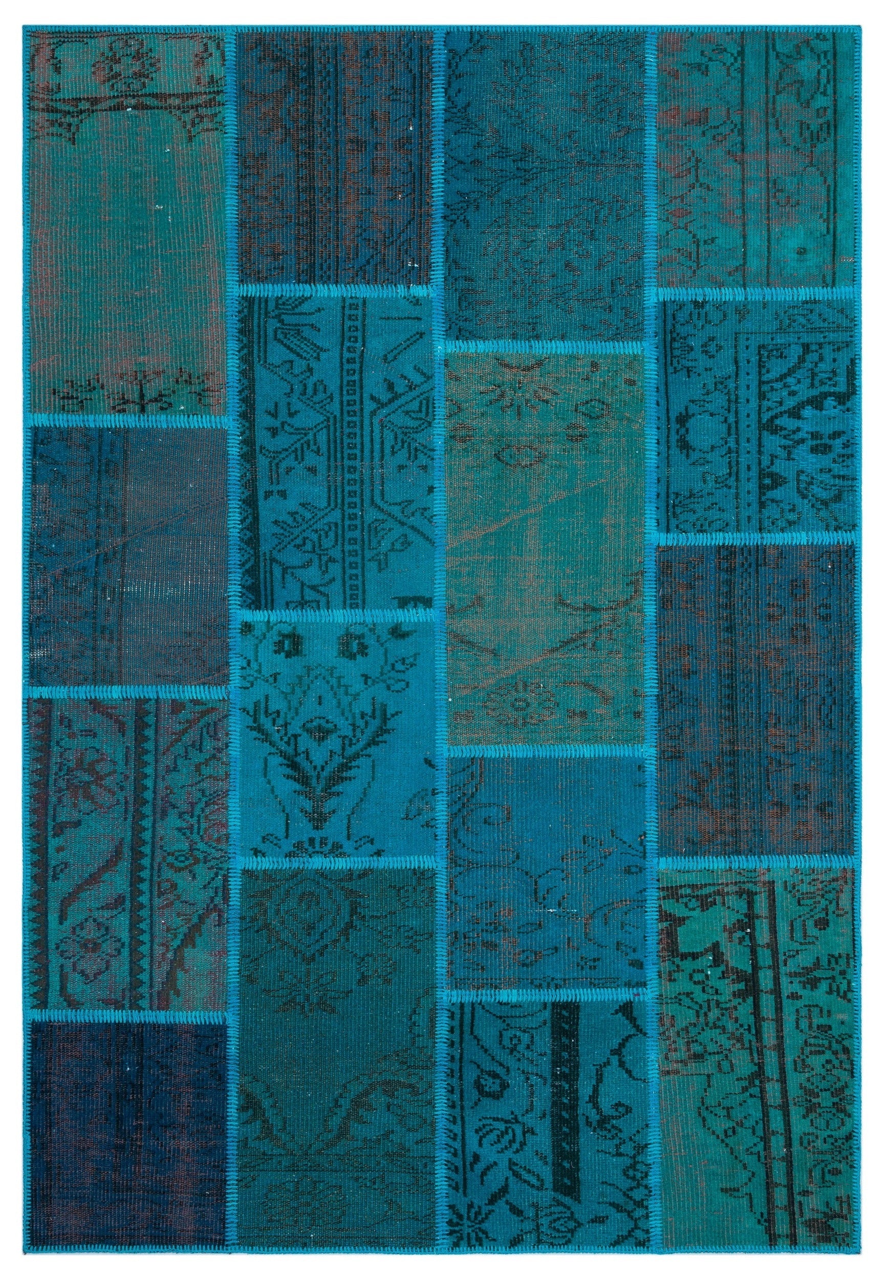 Iskece 26385 Turquoise Patchwork Wool Handmade Area Rug 5'3" x 7'7"