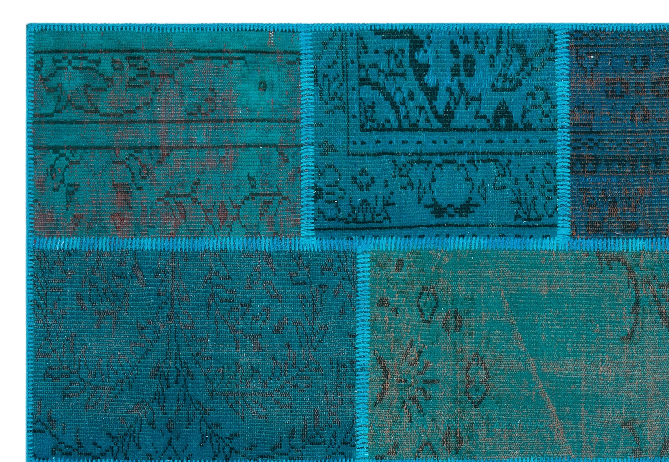 Iskece 26385 Turquoise Patchwork Wool Handmade Area Rug 5'3" x 7'7"