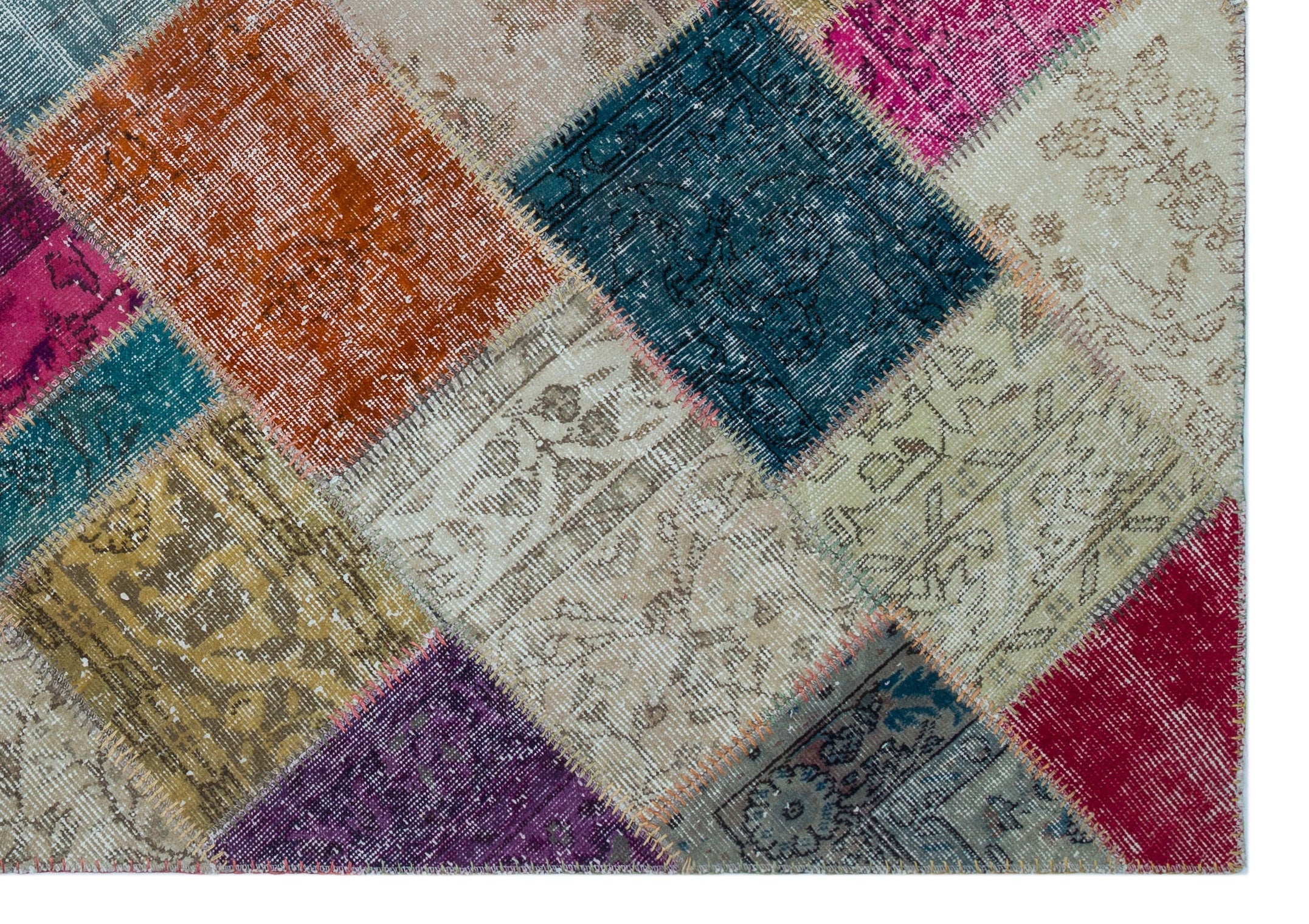Iskece 26388 Beige Patchwork Wool Handmade Area Rug 5'3" x 7'7"