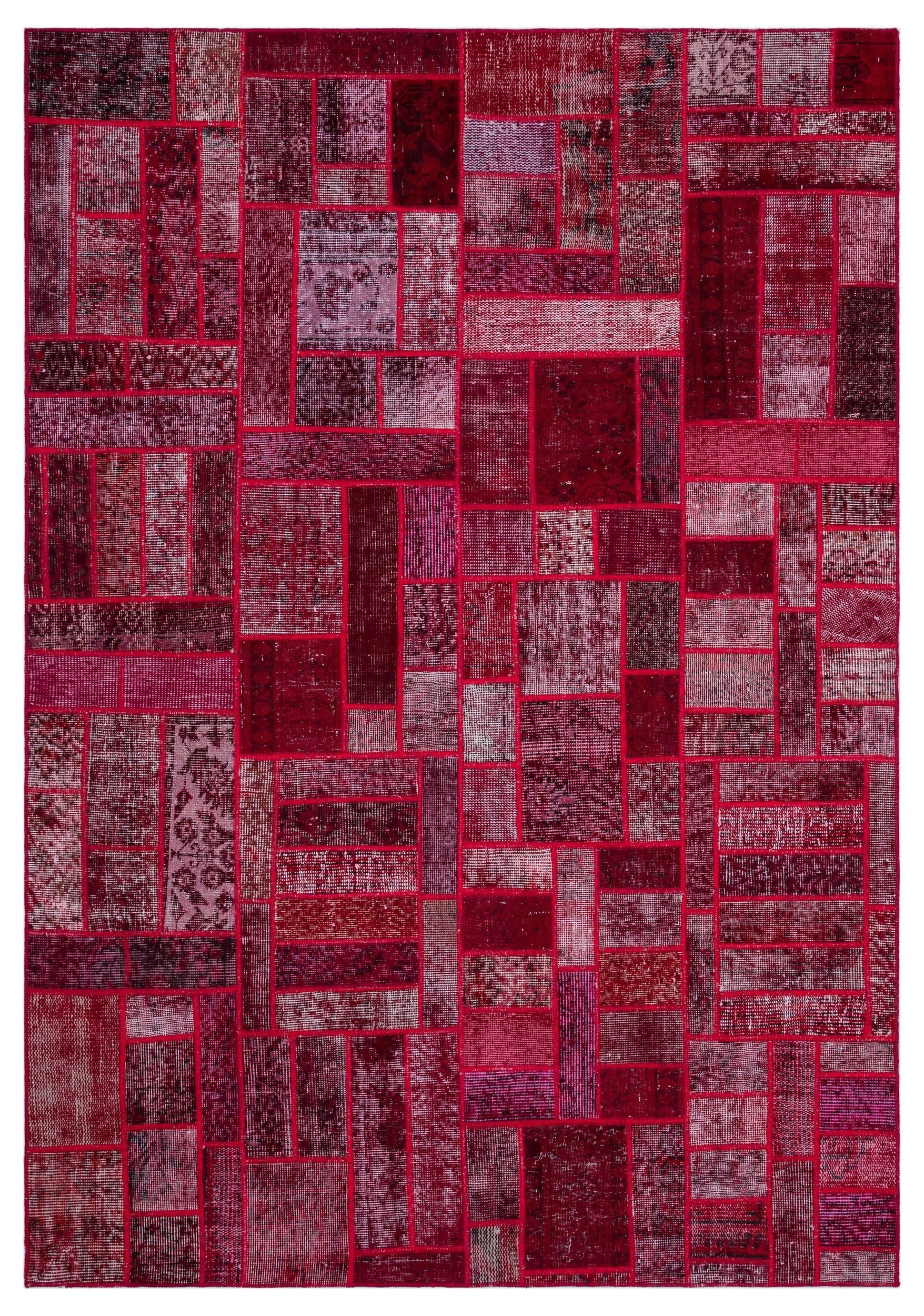 Iskece 26423 Red Patchwork Wool Handmade Area Rug 5'3" x 7'7"