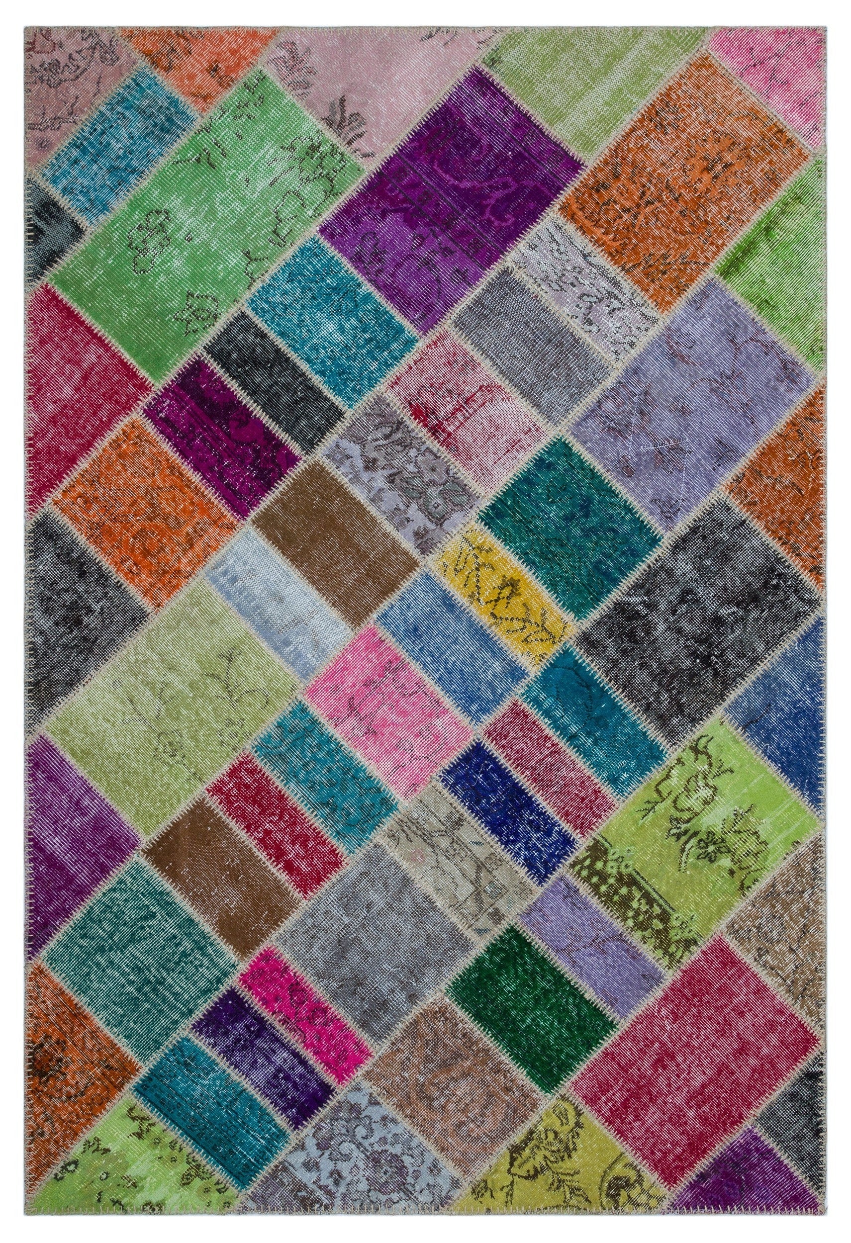 Iskece 26453 Beige Patchwork Wool Handmade Area Rug 5'2" x 7'7"