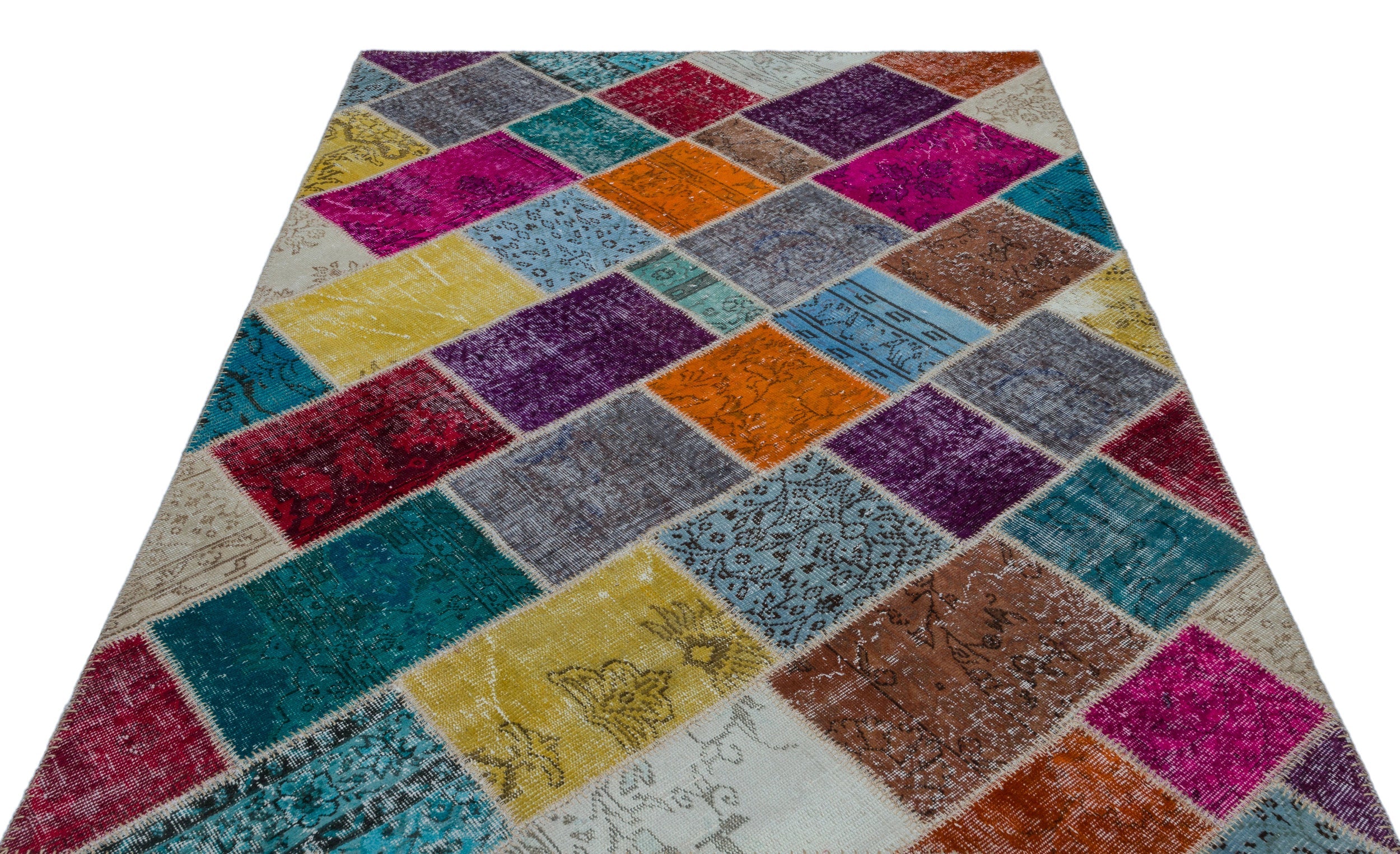 Iskece 26487 Beige Patchwork Wool Handmade Area Rug 5'3" x 7'7"