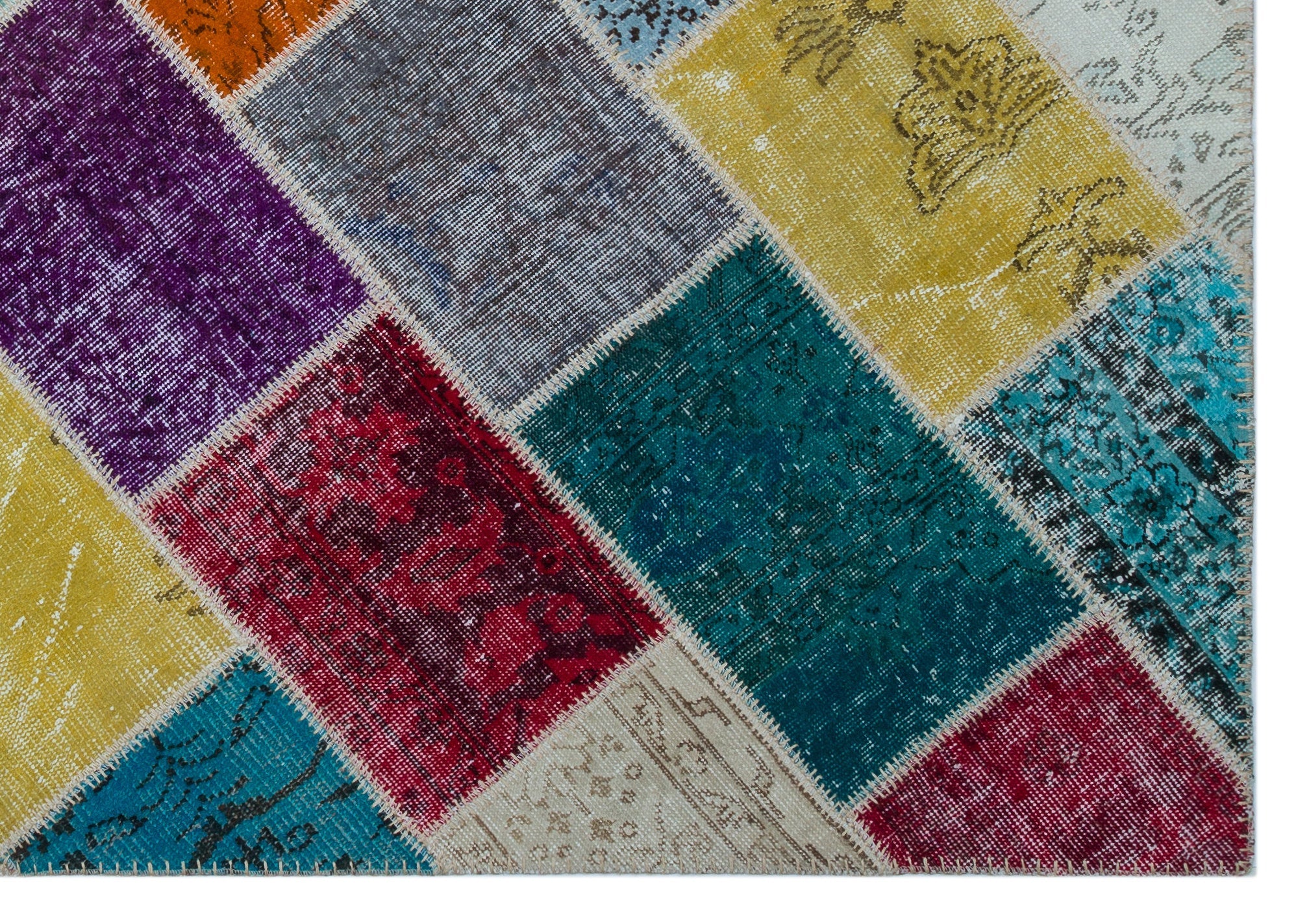 Iskece 26487 Beige Patchwork Wool Handmade Area Rug 5'3" x 7'7"