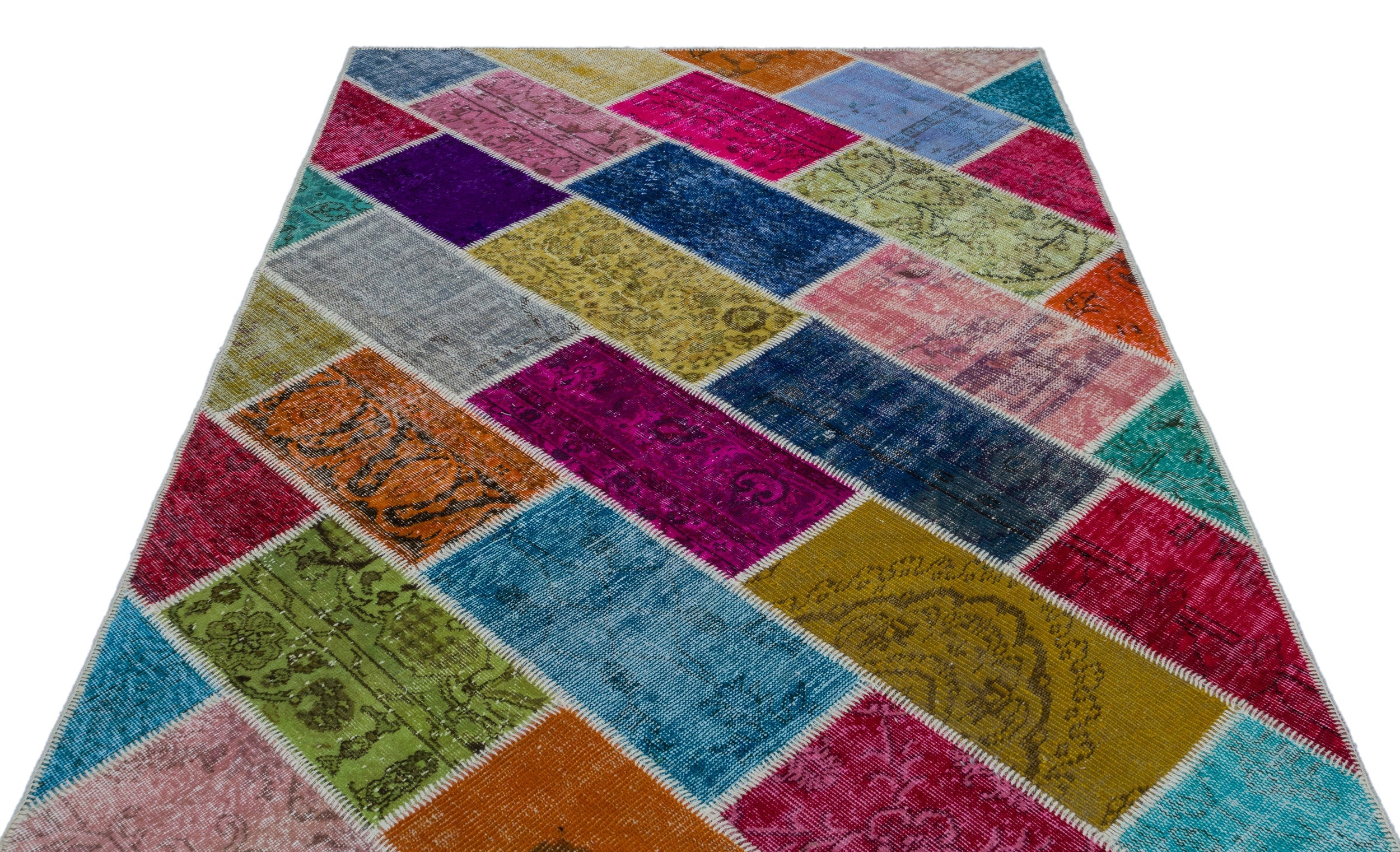 Iskece 26513 Beige Patchwork Wool Handmade Area Rug 5'3" x 7'7"