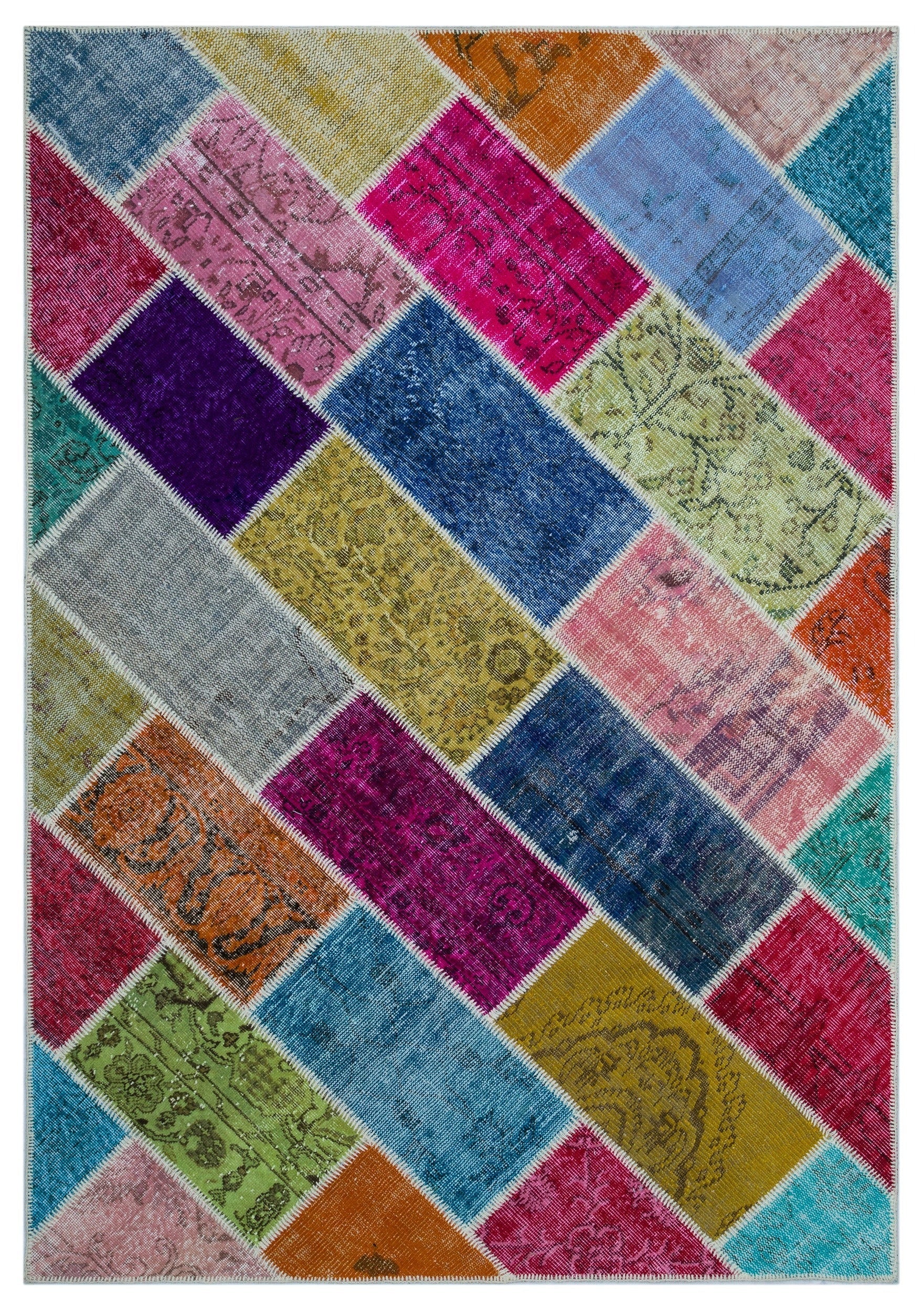 Iskece 26513 Beige Patchwork Wool Handmade Area Rug 5'3" x 7'7"