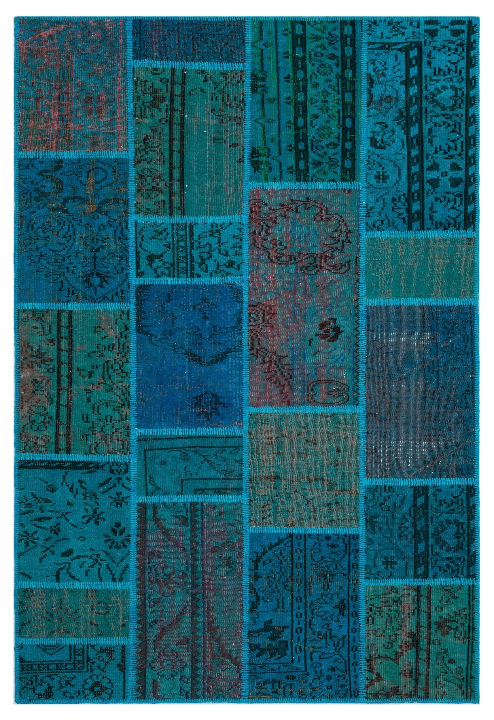 Iskece 26514 Turquoise Patchwork Wool Handmade Area Rug 5'3" x 7'7"